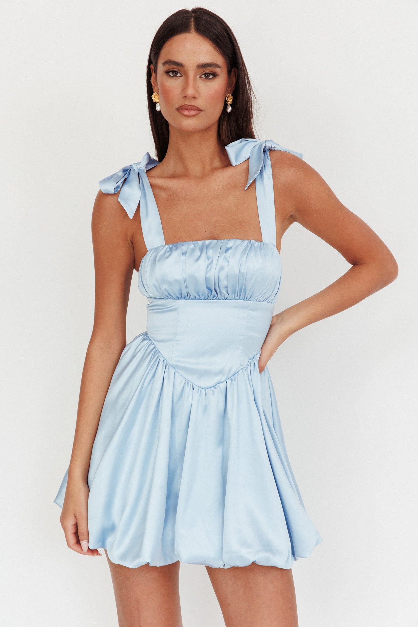 Just Magic Tied Shoulder Bubble Hem Mini Dress Baby Blue-Maymioy