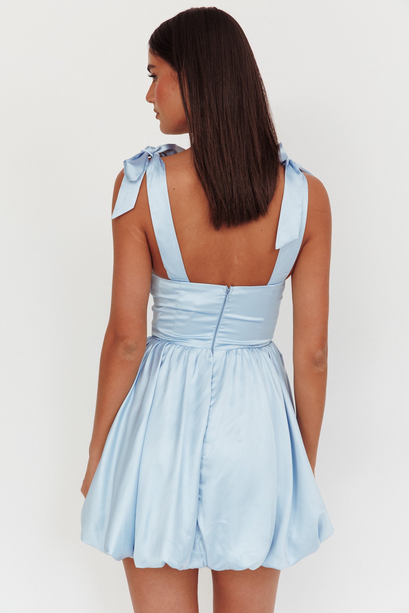 Just Magic Tied Shoulder Bubble Hem Mini Dress Baby Blue-Maymioy