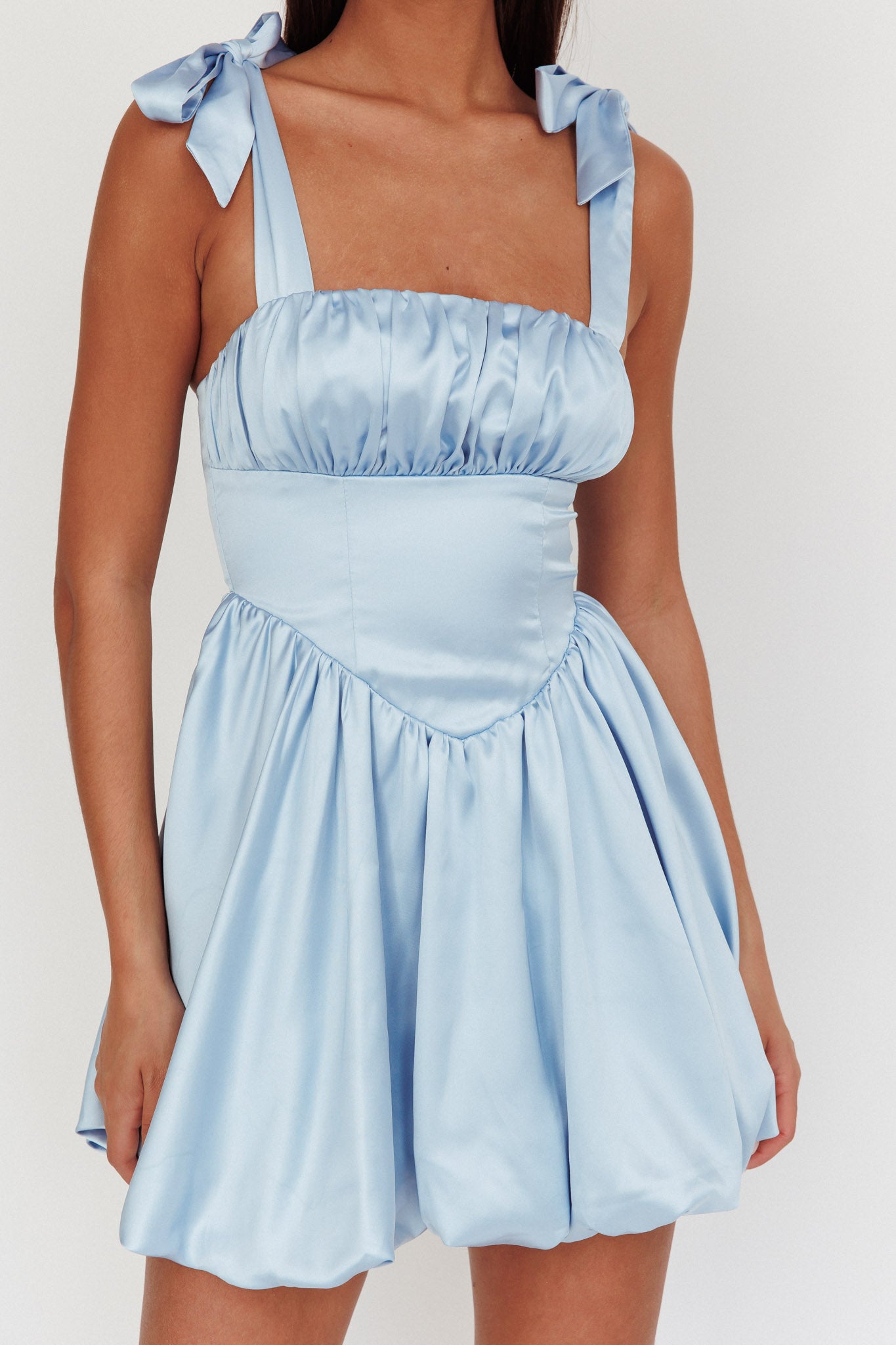 Just Magic Tied Shoulder Bubble Hem Mini Dress Baby Blue-Maymioy
