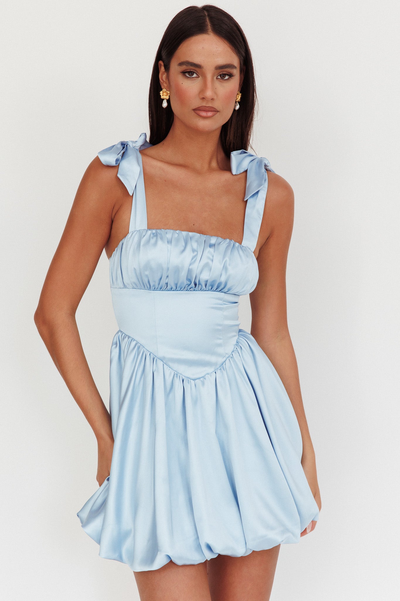 Just Magic Tied Shoulder Bubble Hem Mini Dress Baby Blue-Maymioy