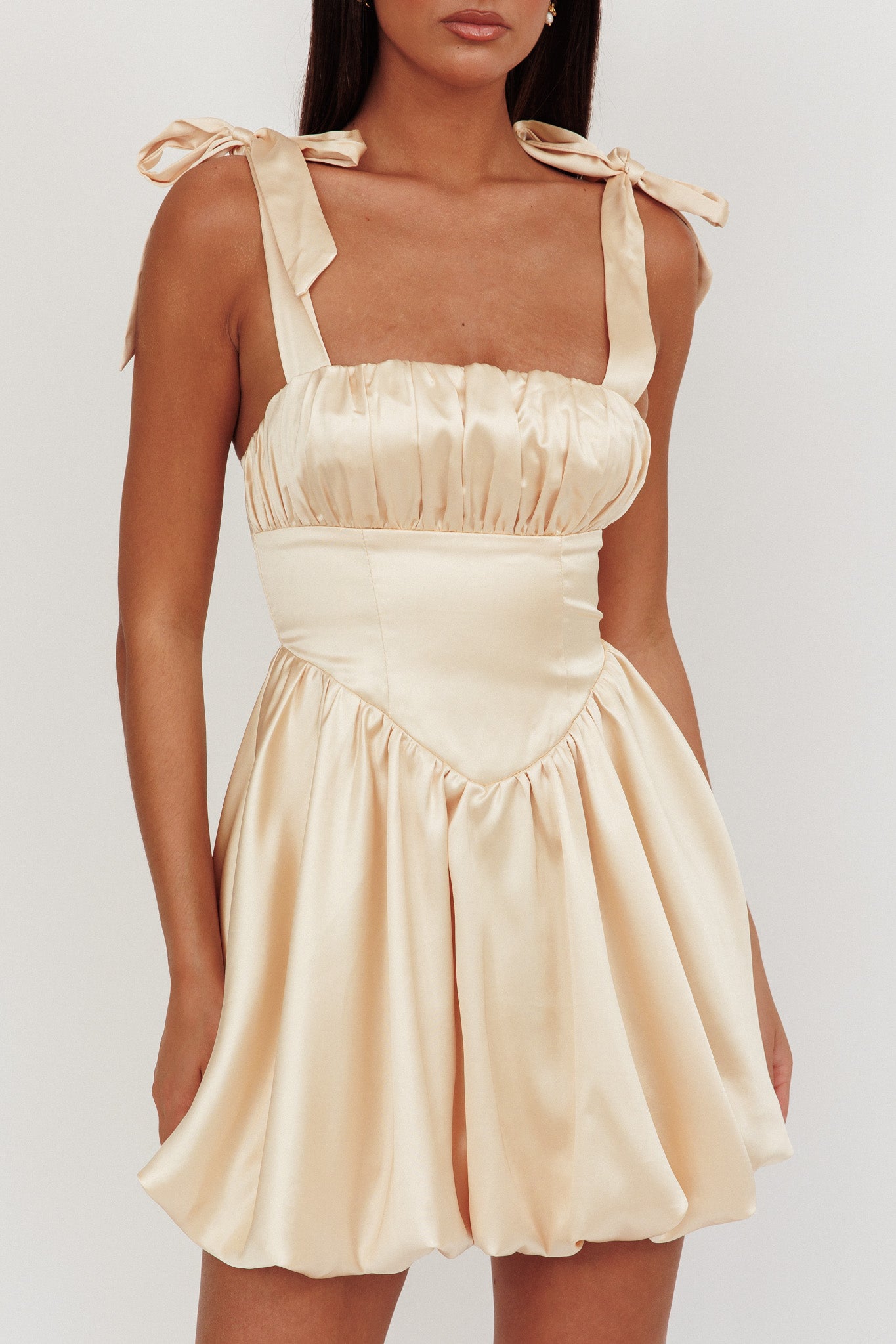 Just Magic Tied Shoulder Bubble Hem Mini Dress Butter-Maymioy