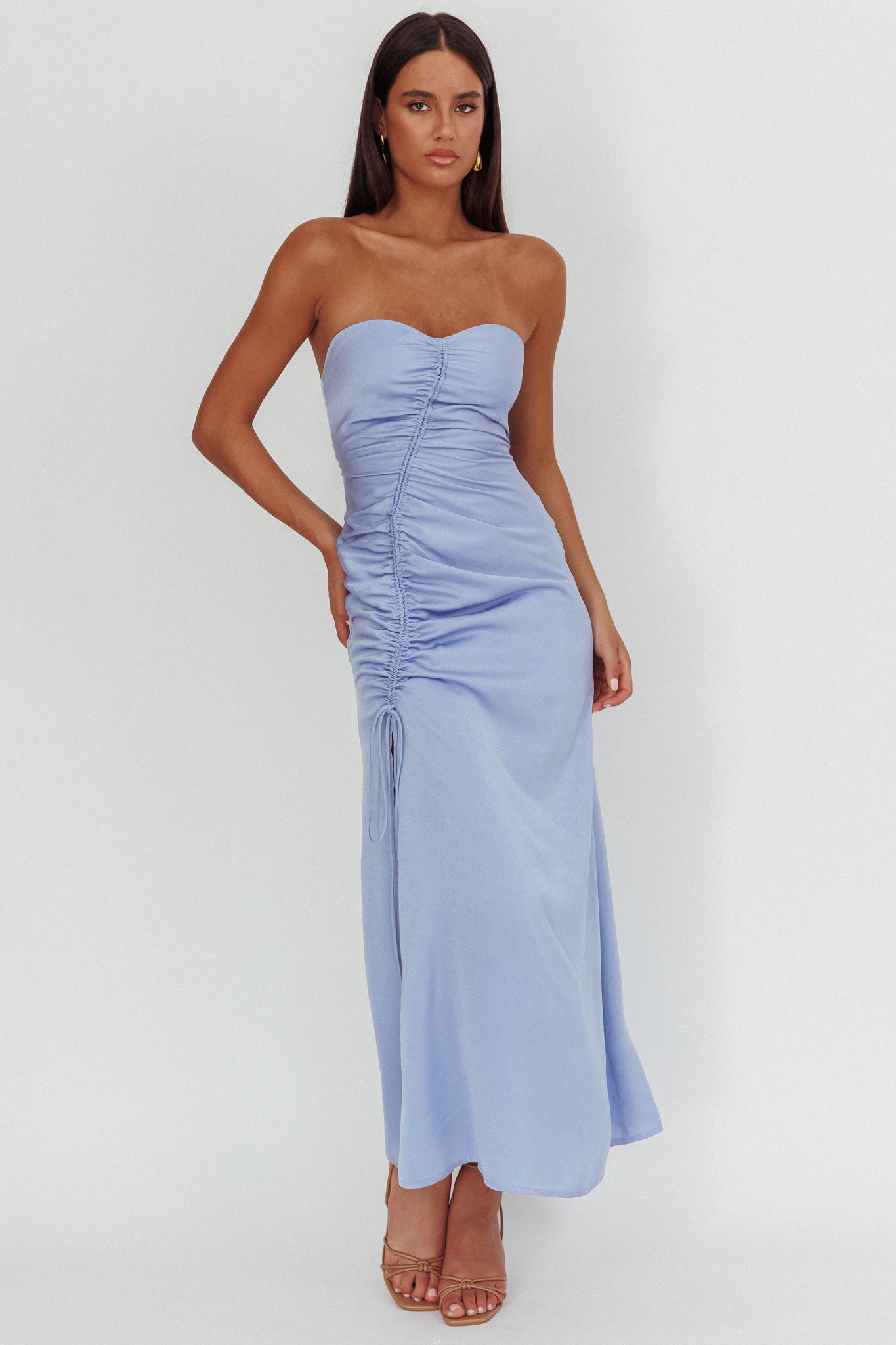 Molinda Strapless Ruched Drawstring Maxi Dress Blue-Maymioy