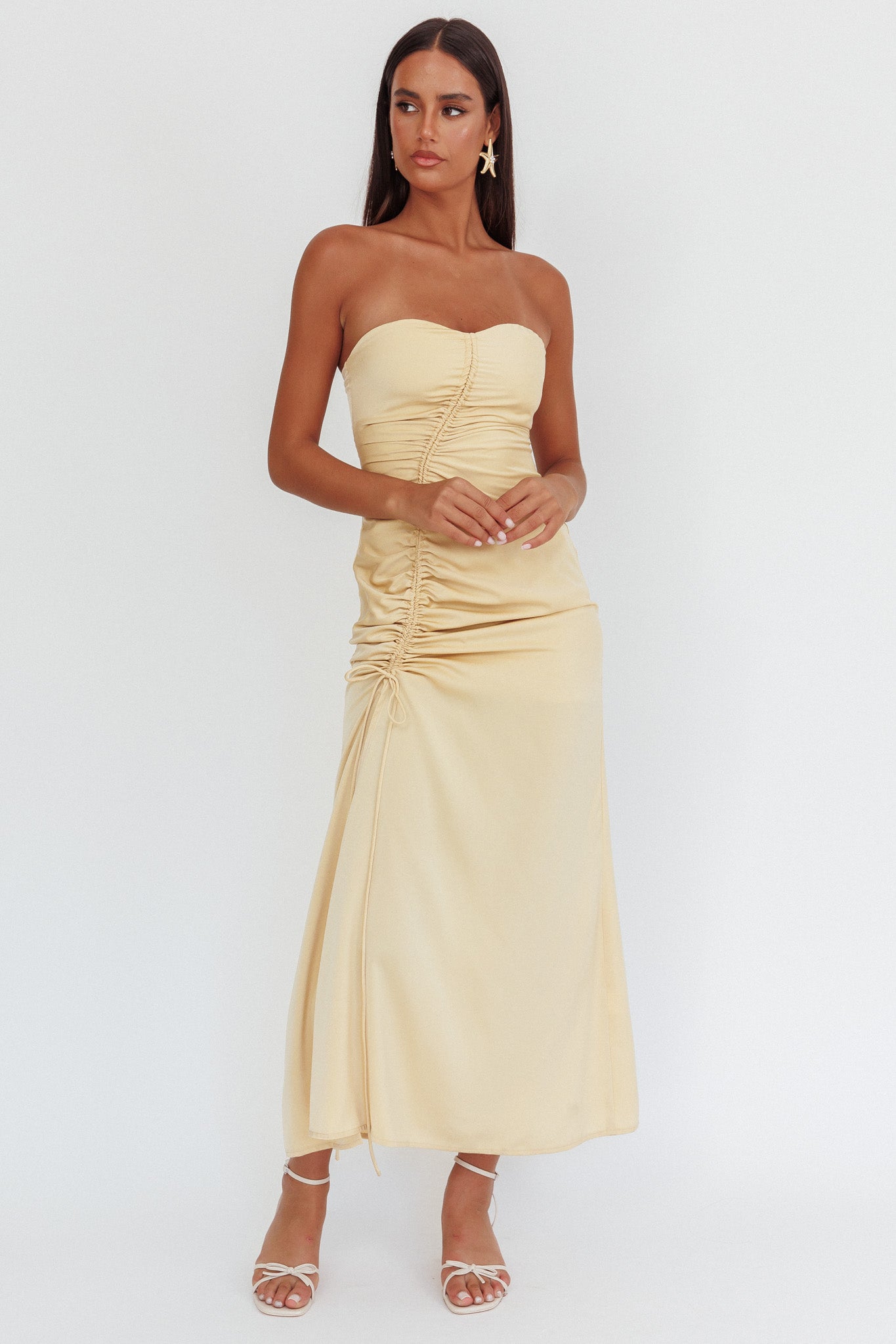 Molinda Strapless Ruched Drawstring Maxi Dress Golden-Maymioy