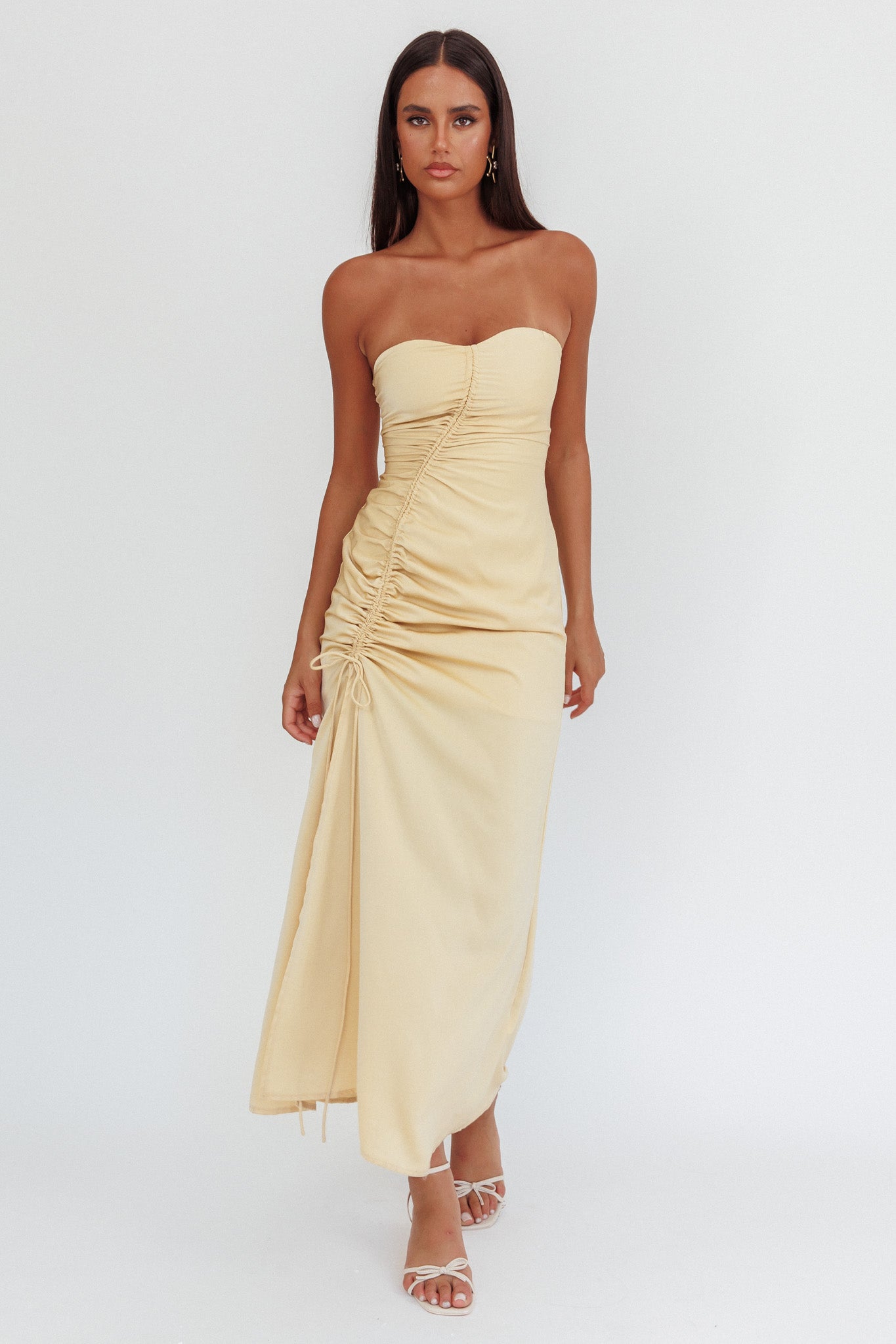 Molinda Strapless Ruched Drawstring Maxi Dress Golden-Maymioy