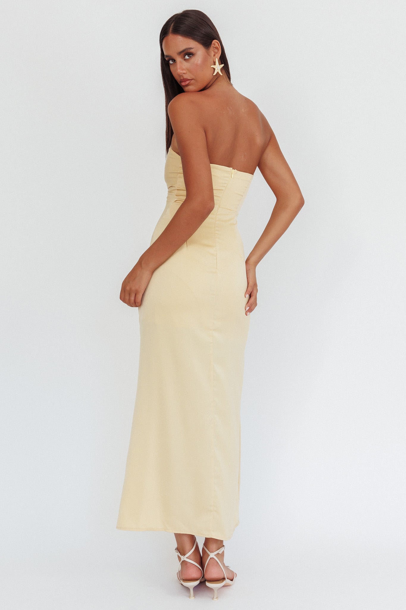 Molinda Strapless Ruched Drawstring Maxi Dress Golden-Maymioy