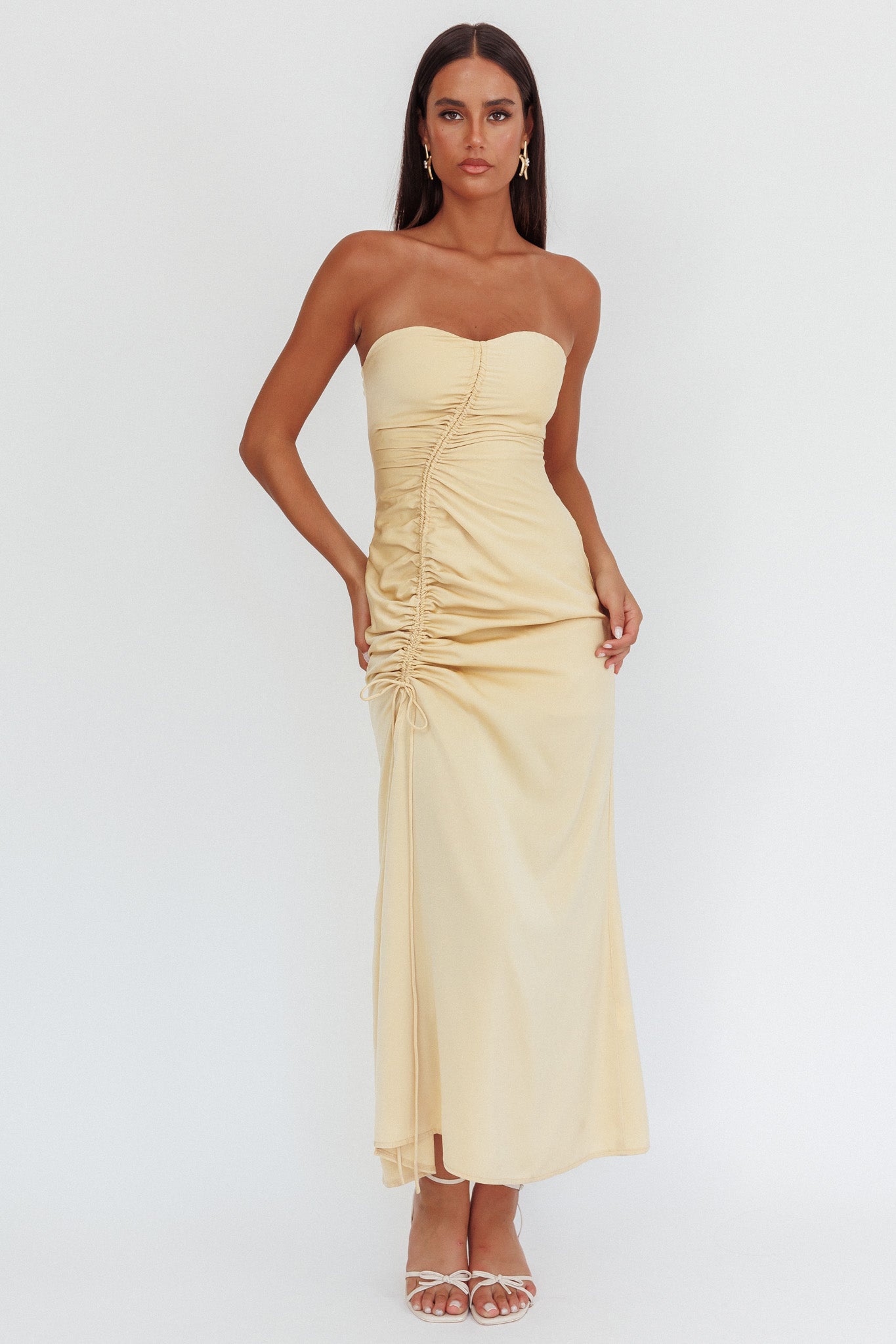 Molinda Strapless Ruched Drawstring Maxi Dress Golden-Maymioy