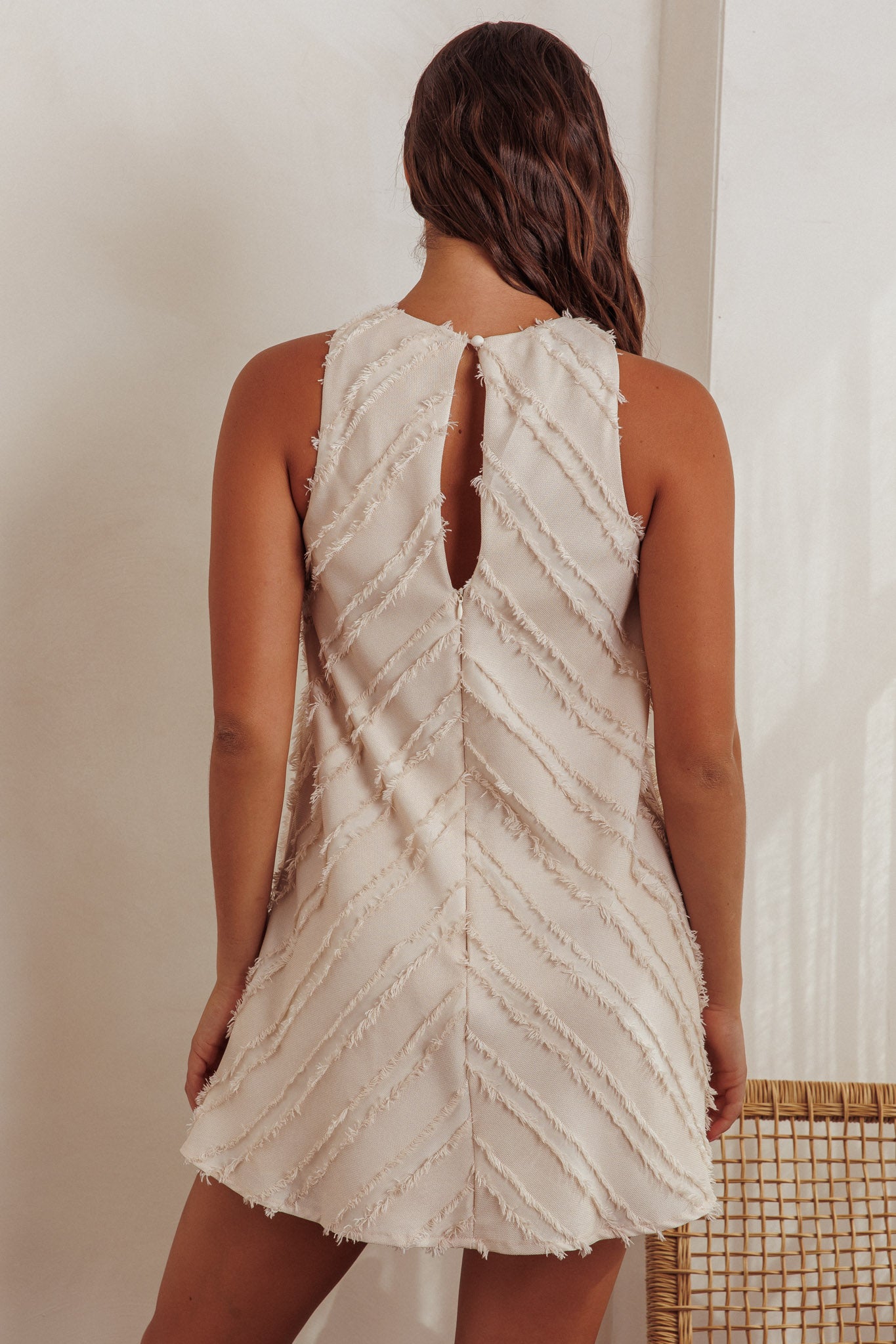 Caro Fringe Trim Shift Mini Dress Cream-Maymioy