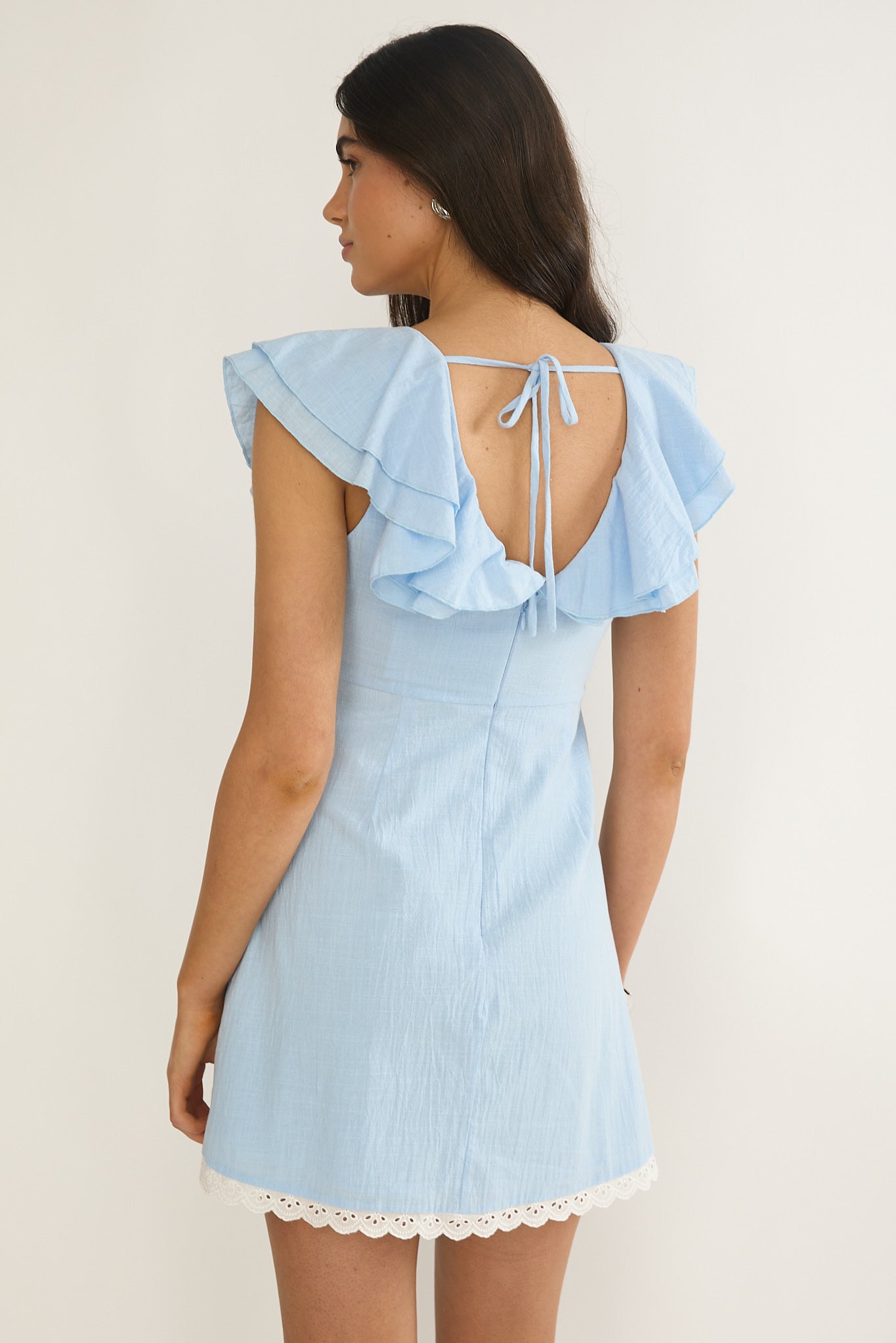 Unpredictable Layered Ruffle Neckline Mini Dress Blue-Maymioy