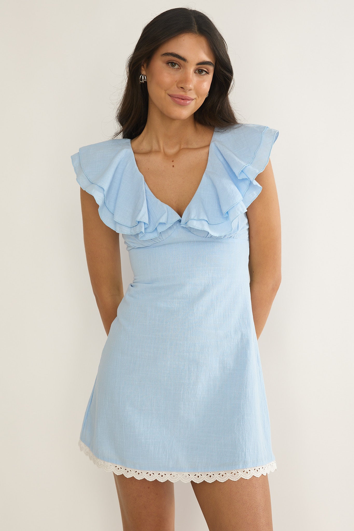 Unpredictable Layered Ruffle Neckline Mini Dress Blue-Maymioy
