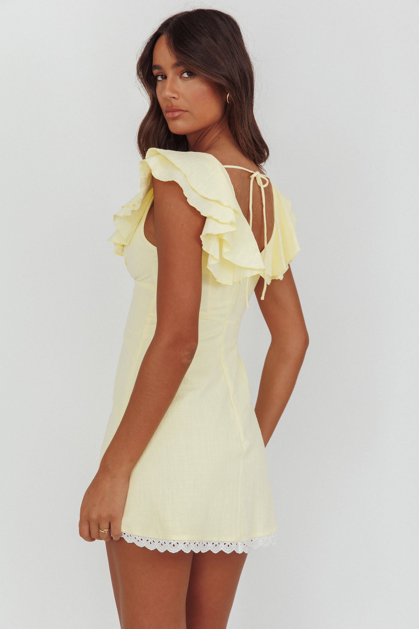 Unpredictable Layered Ruffle Neckline Mini Dress Butter-Maymioy