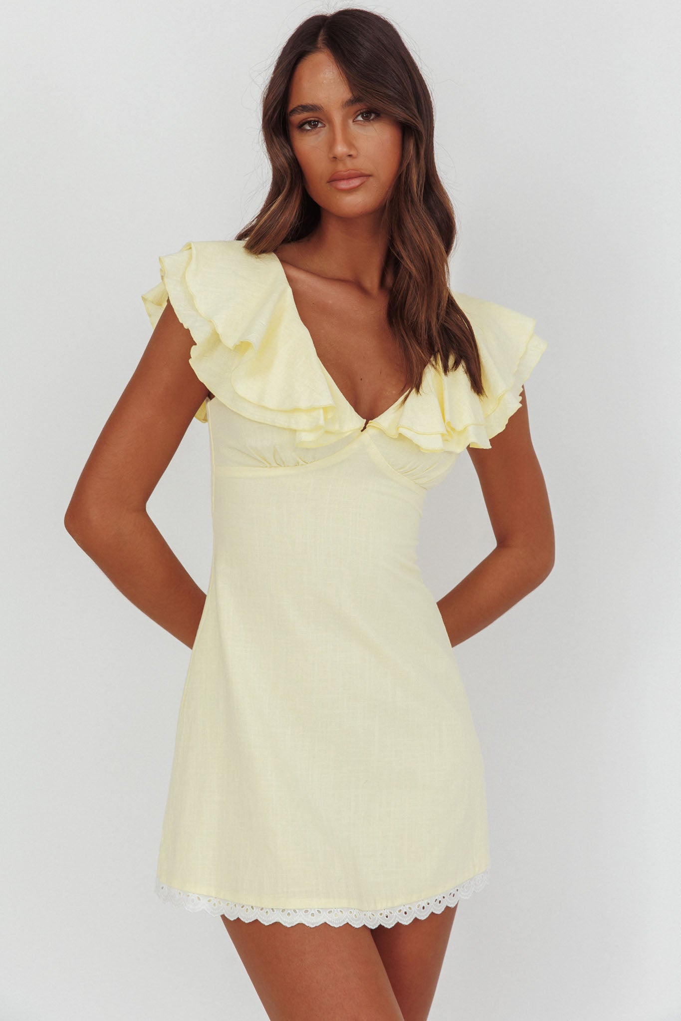 Unpredictable Layered Ruffle Neckline Mini Dress Butter-Maymioy