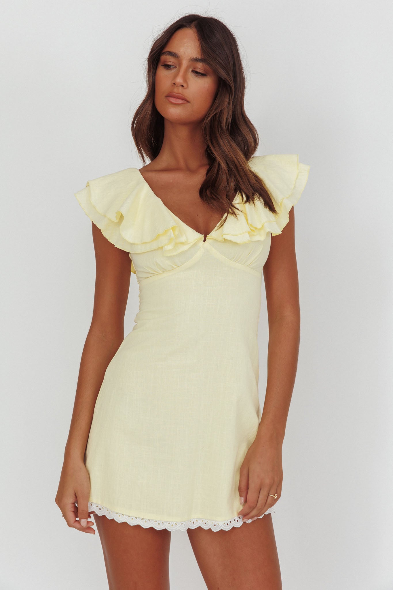 Unpredictable Layered Ruffle Neckline Mini Dress Butter-Maymioy