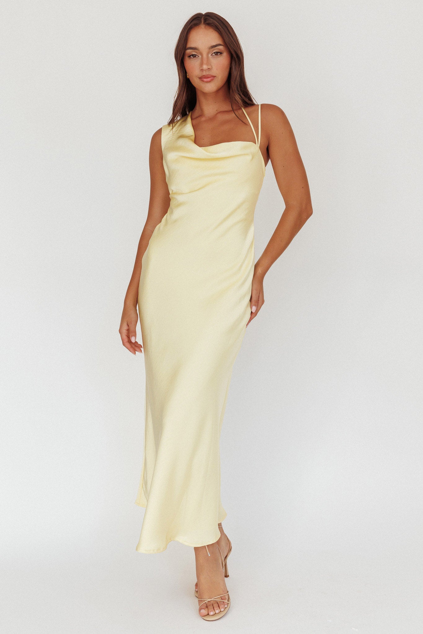 Eros Asymmetric Cowl Neck Maxi Dress Butter-Maymioy