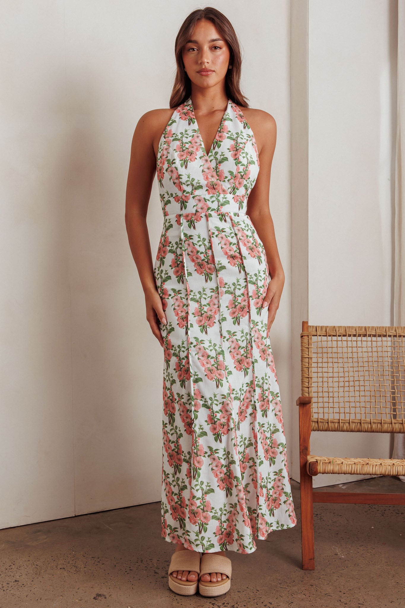 Love Bomb Pintuck Pleat Halterneck Maxi Dress Floral Pink-Maymioy