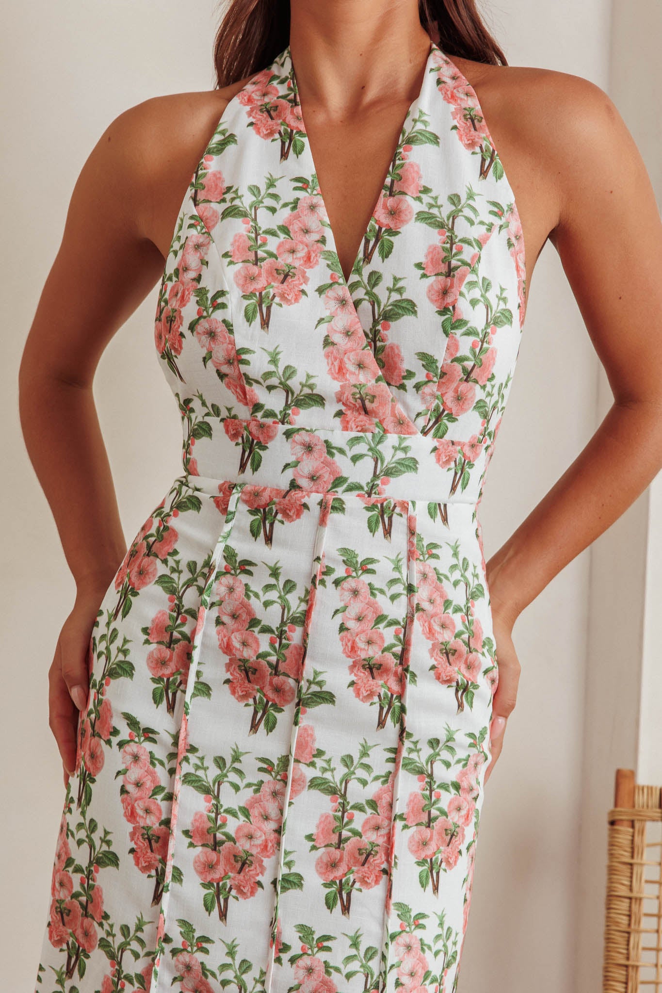 Love Bomb Pintuck Pleat Halterneck Maxi Dress Floral Pink-Maymioy