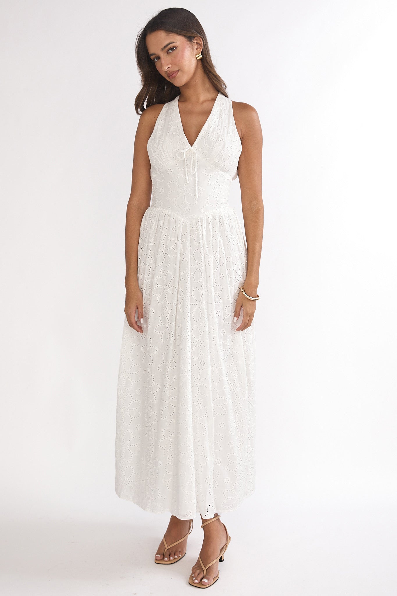 Sundrenched Halter Maxi Dress Eyelet White-Maymioy