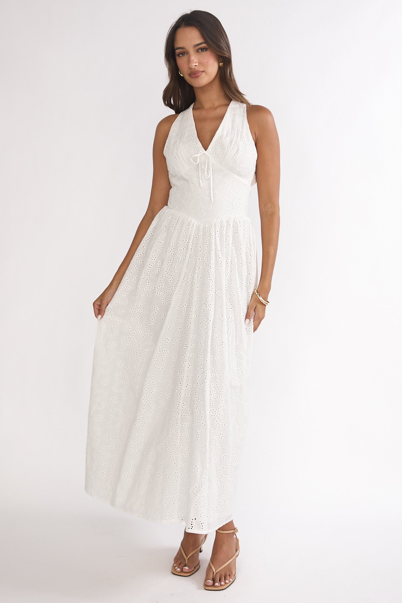 Sundrenched Halter Maxi Dress Eyelet White-Maymioy