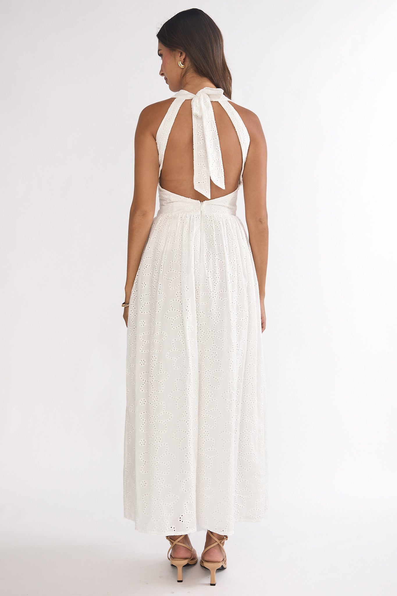 Sundrenched Halter Maxi Dress Eyelet White-Maymioy