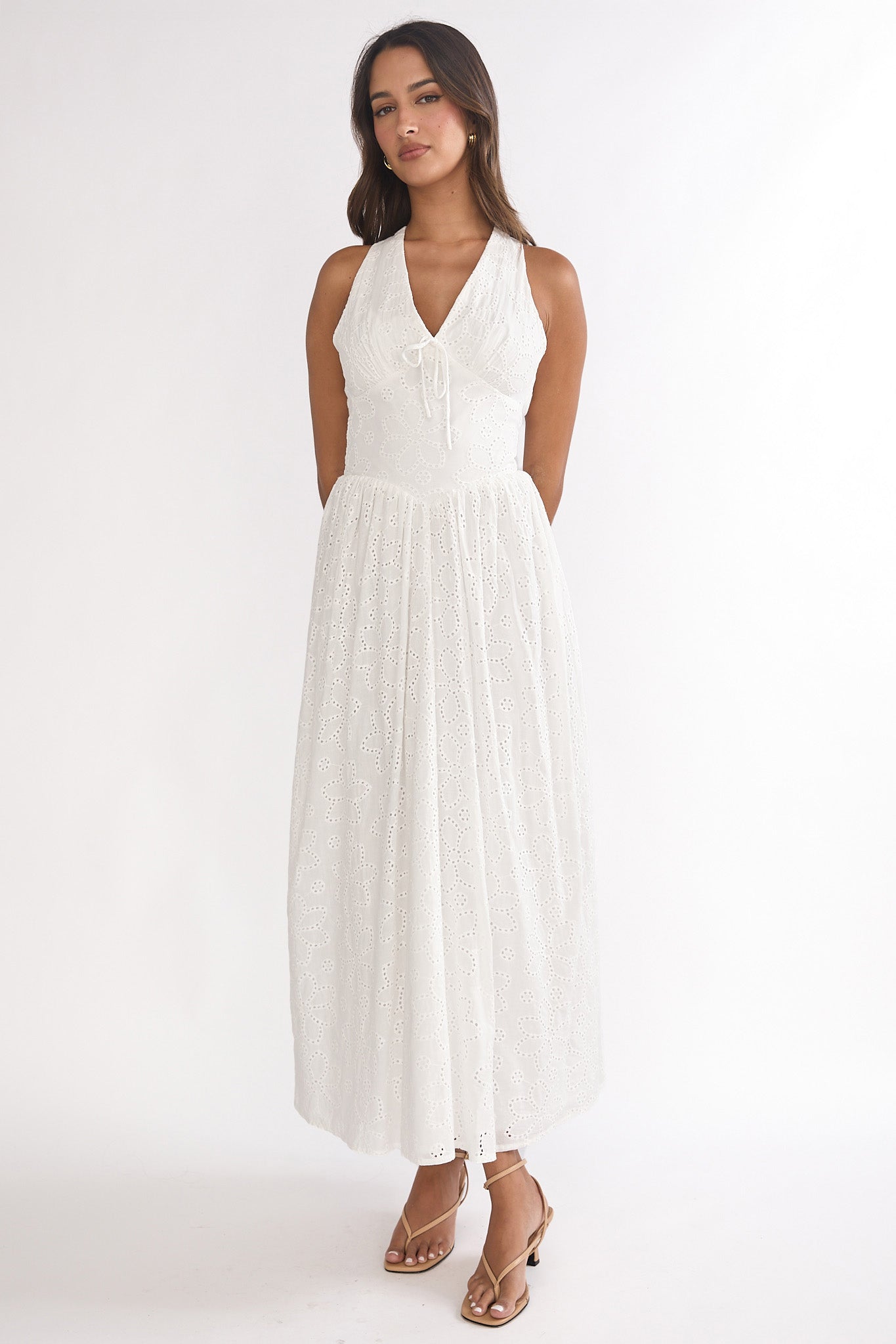 Sundrenched Halter Maxi Dress Eyelet White-Maymioy
