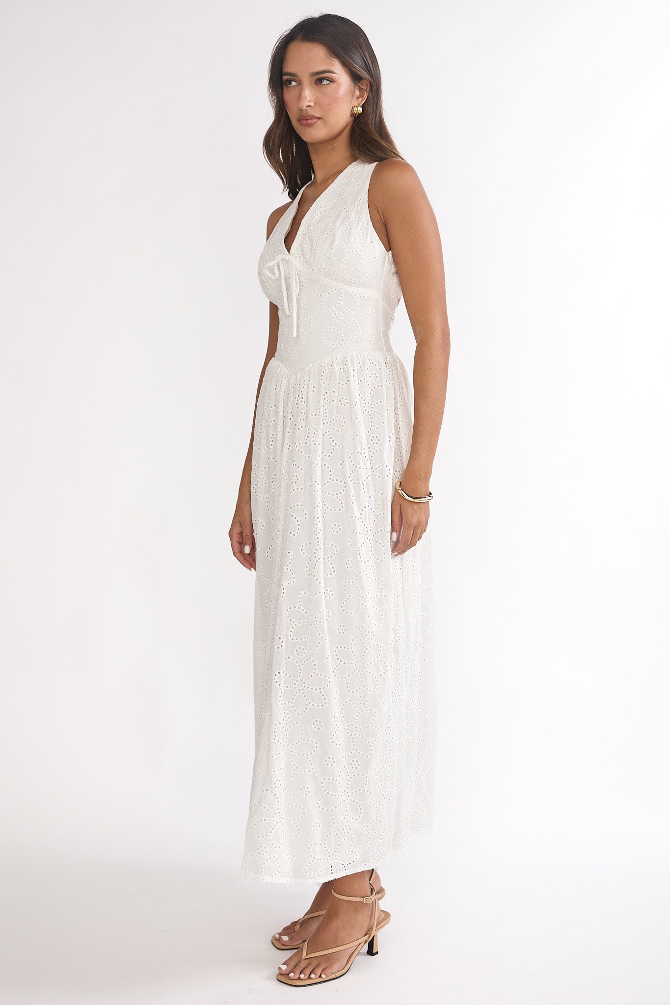 Sundrenched Halter Maxi Dress Eyelet White-Maymioy
