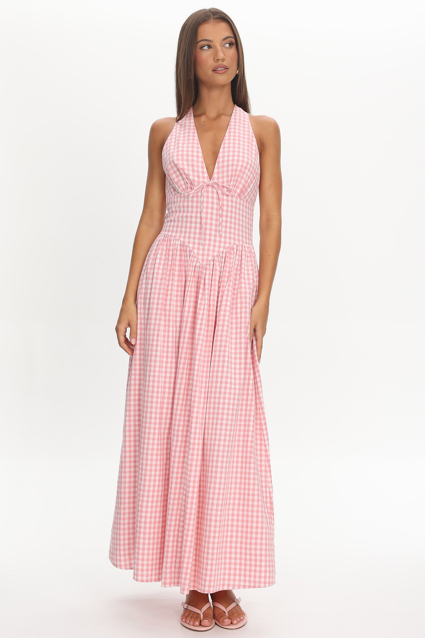 Sundrenched Halter Maxi Dress Checker Pink-Maymioy
