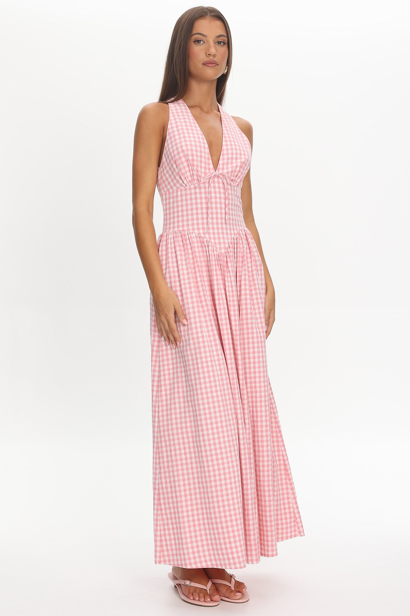 Sundrenched Halter Maxi Dress Checker Pink-Maymioy