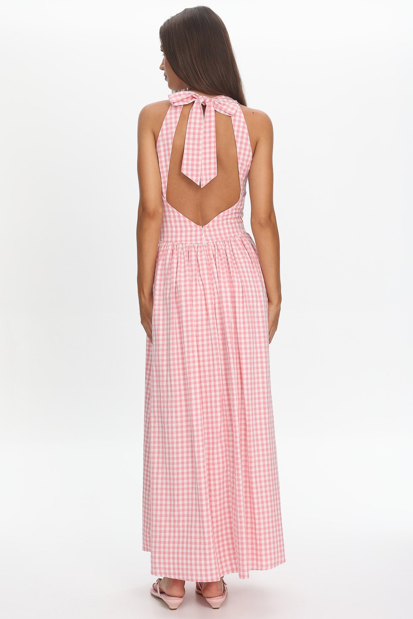 Sundrenched Halter Maxi Dress Checker Pink-Maymioy