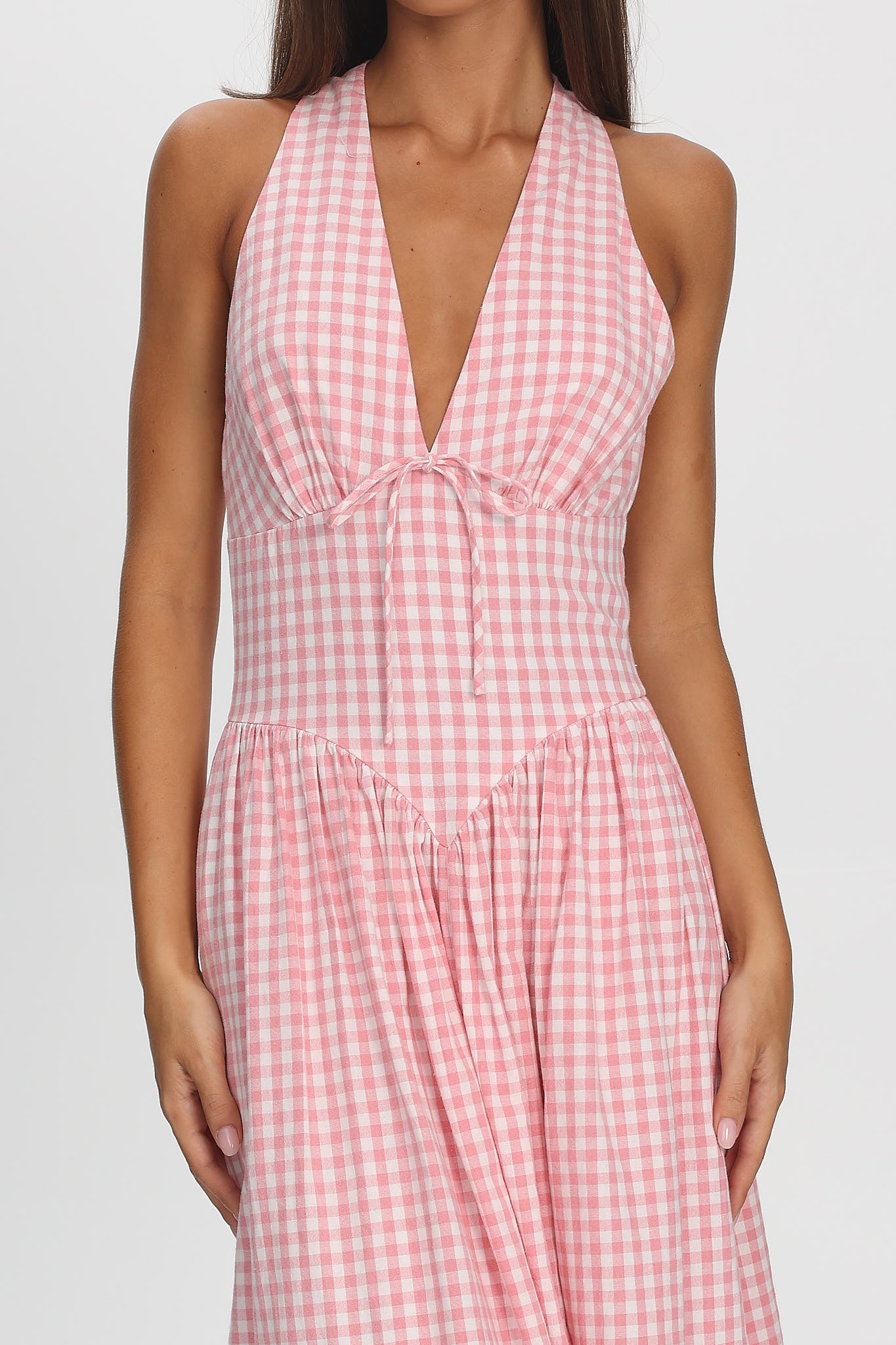 Sundrenched Halter Maxi Dress Checker Pink-Maymioy