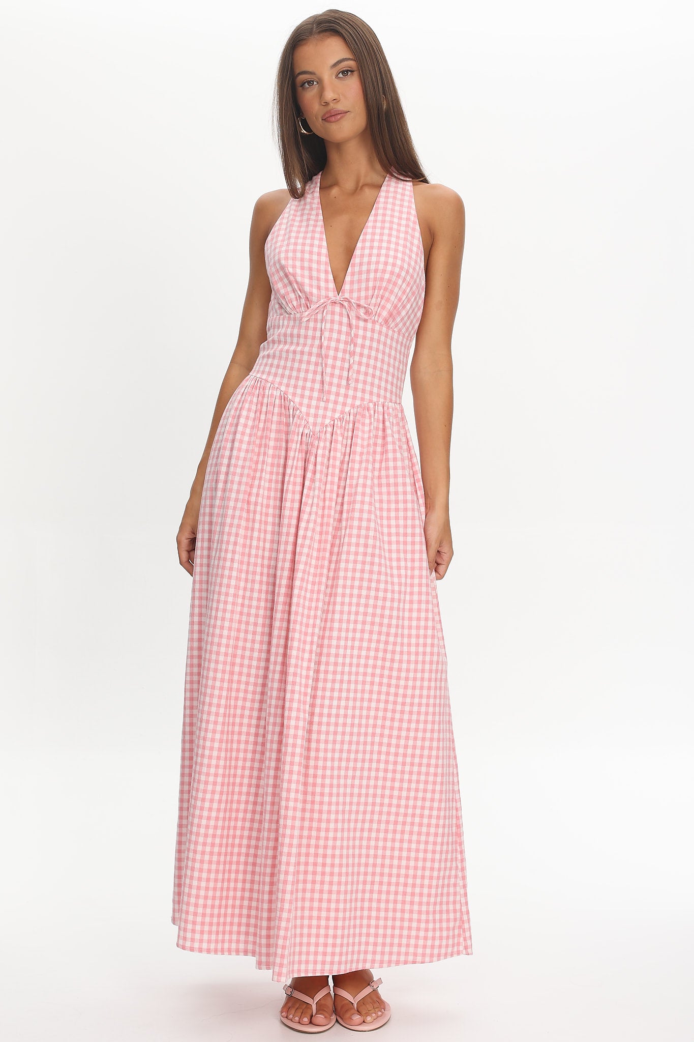 Sundrenched Halter Maxi Dress Checker Pink-Maymioy