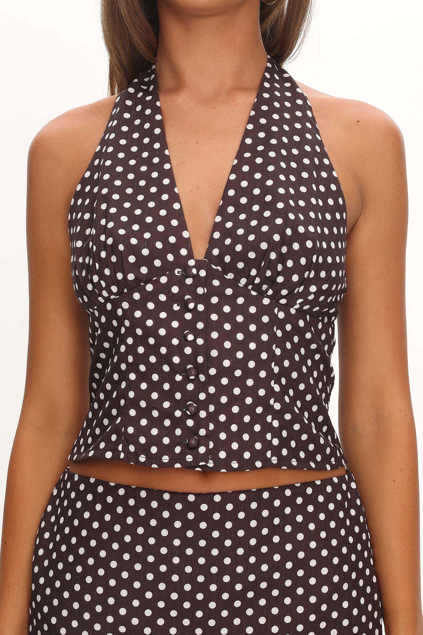Sundrenched Button Halter Top Polka Dot Chocolate-Maymioy