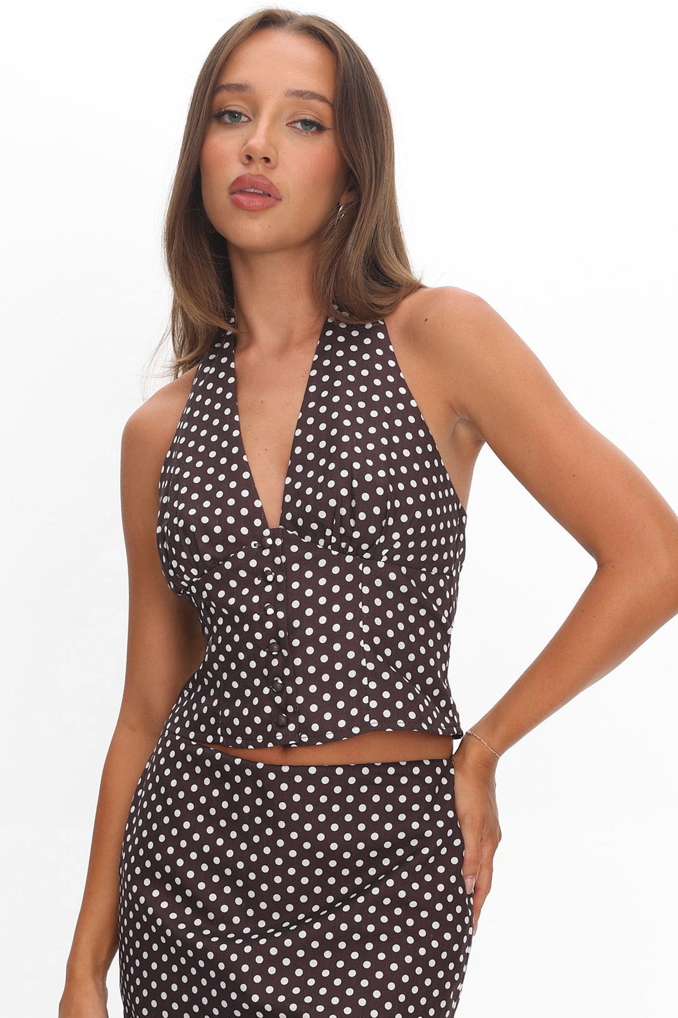 Sundrenched Button Halter Top Polka Dot Chocolate-Maymioy
