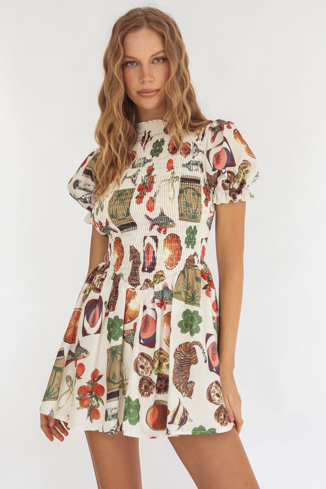 Nia Shirred Puff Sleeve Mini Dress Exotic Print Beige-Maymioy