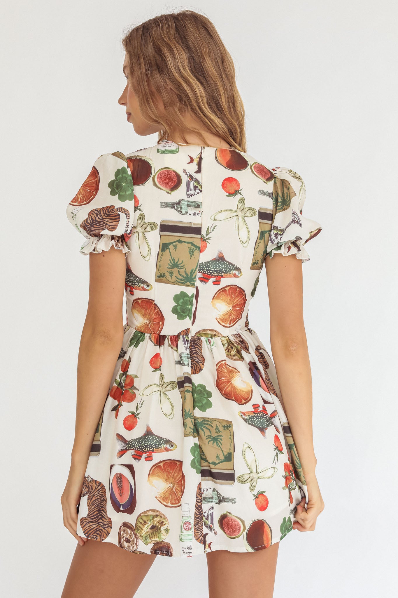 Nia Shirred Puff Sleeve Mini Dress Exotic Print Beige-Maymioy