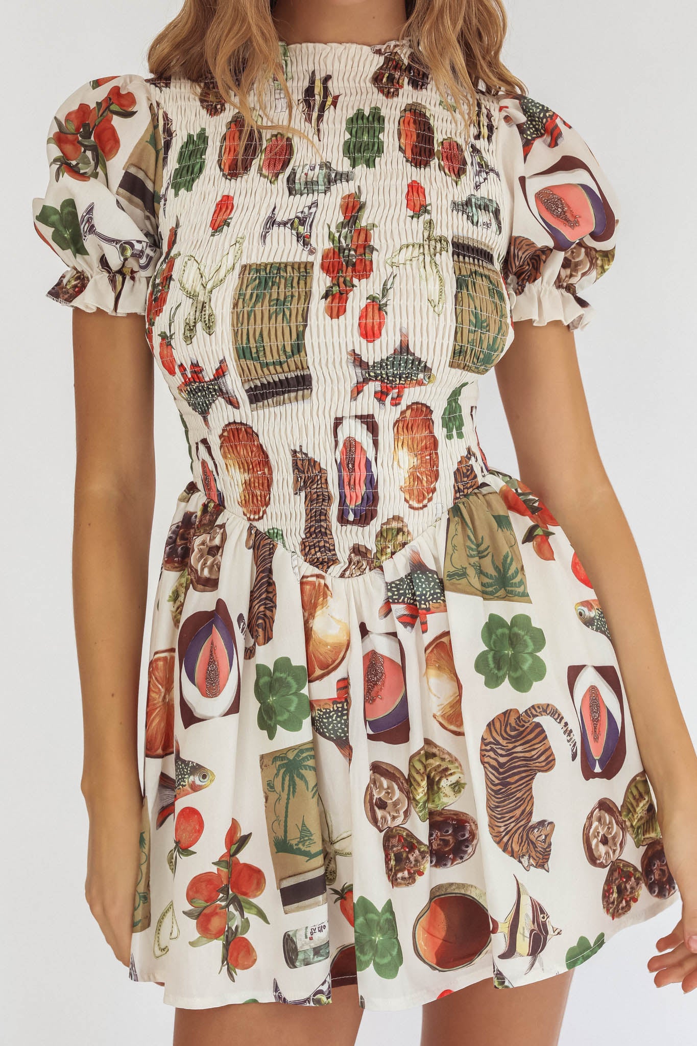 Nia Shirred Puff Sleeve Mini Dress Exotic Print Beige-Maymioy