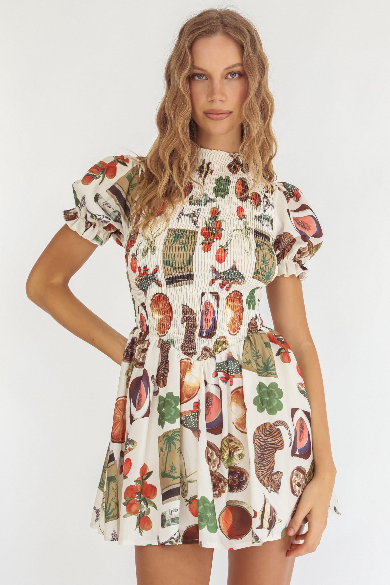 Nia Shirred Puff Sleeve Mini Dress Exotic Print Beige-Maymioy
