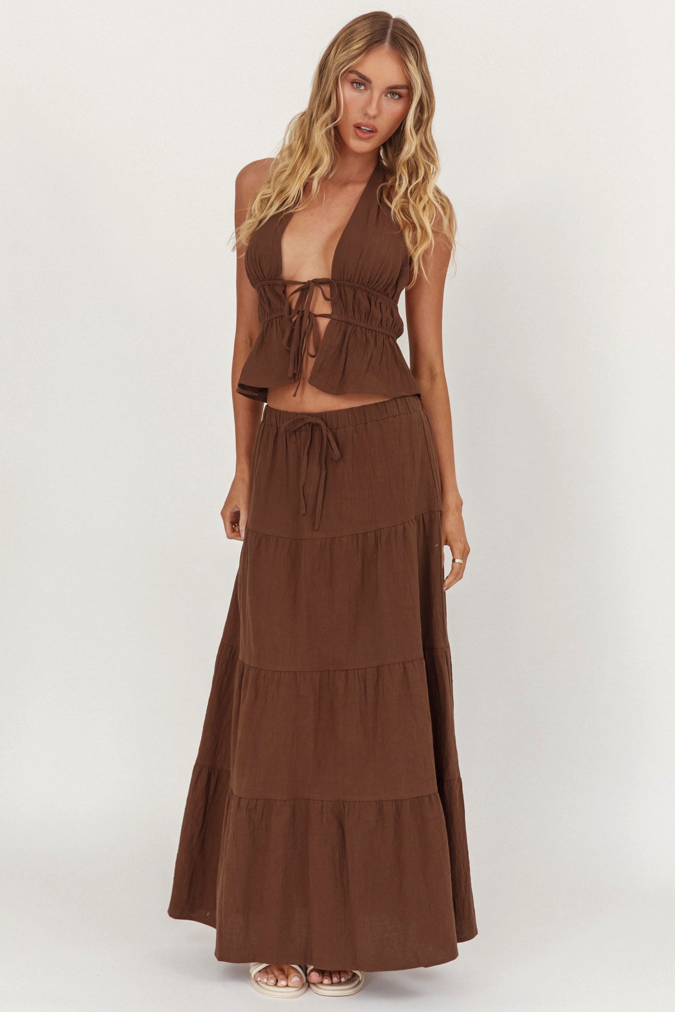 Under The Moons Tie Waist Maxi Skirt Cocoa-Maymioy