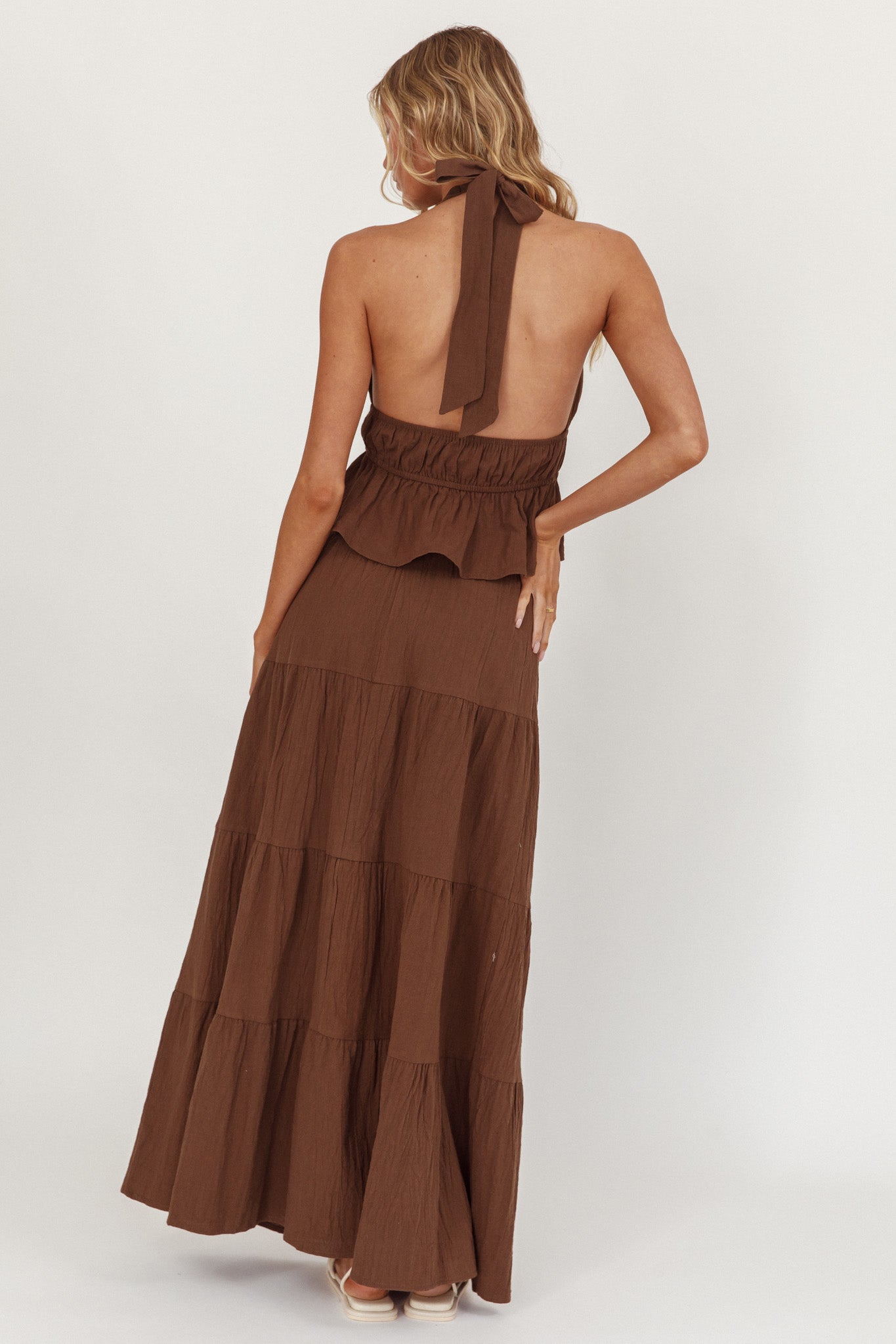 Under The Moons Tie Waist Maxi Skirt Cocoa-Maymioy