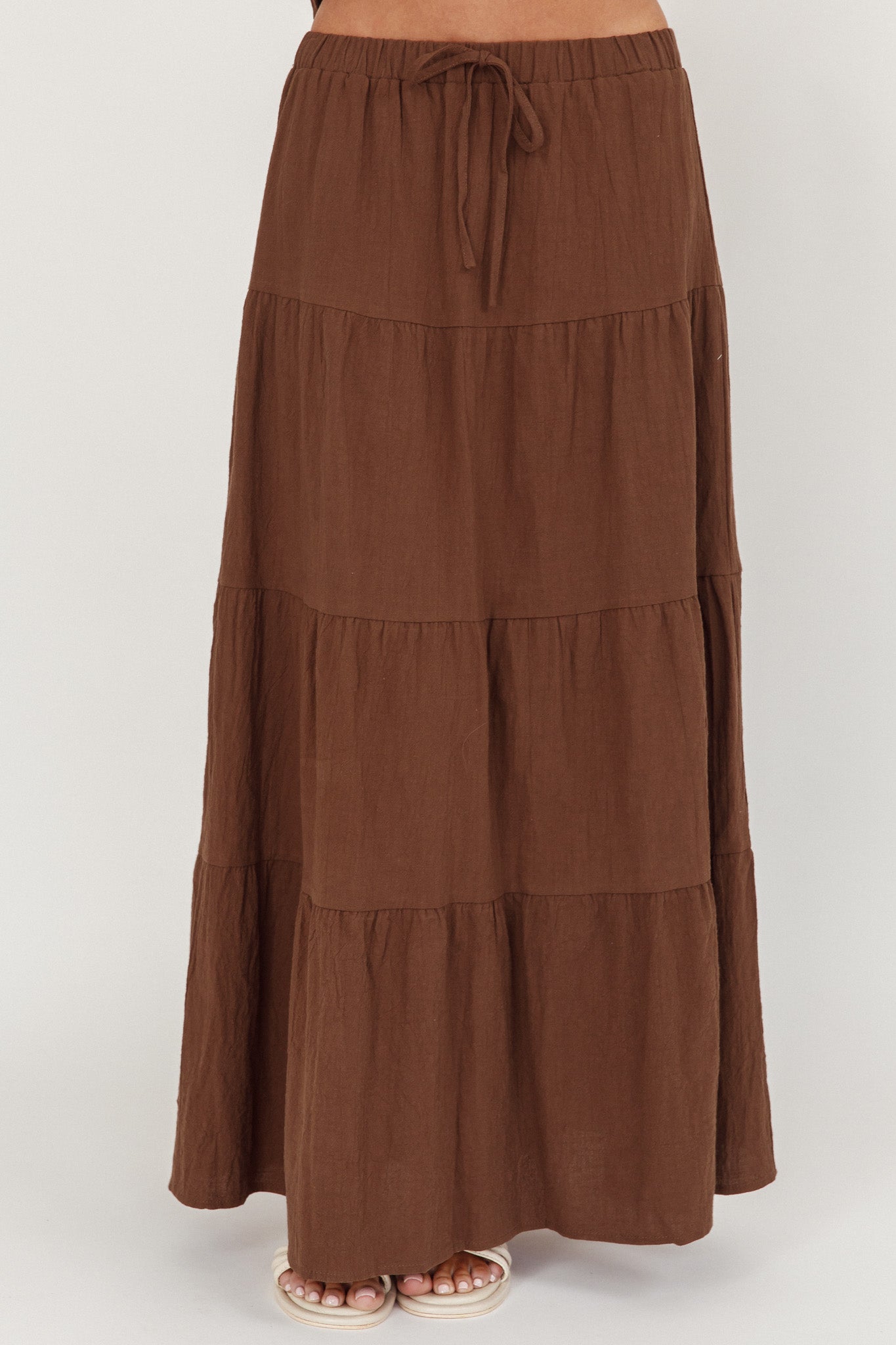 Under The Moons Tie Waist Maxi Skirt Cocoa-Maymioy
