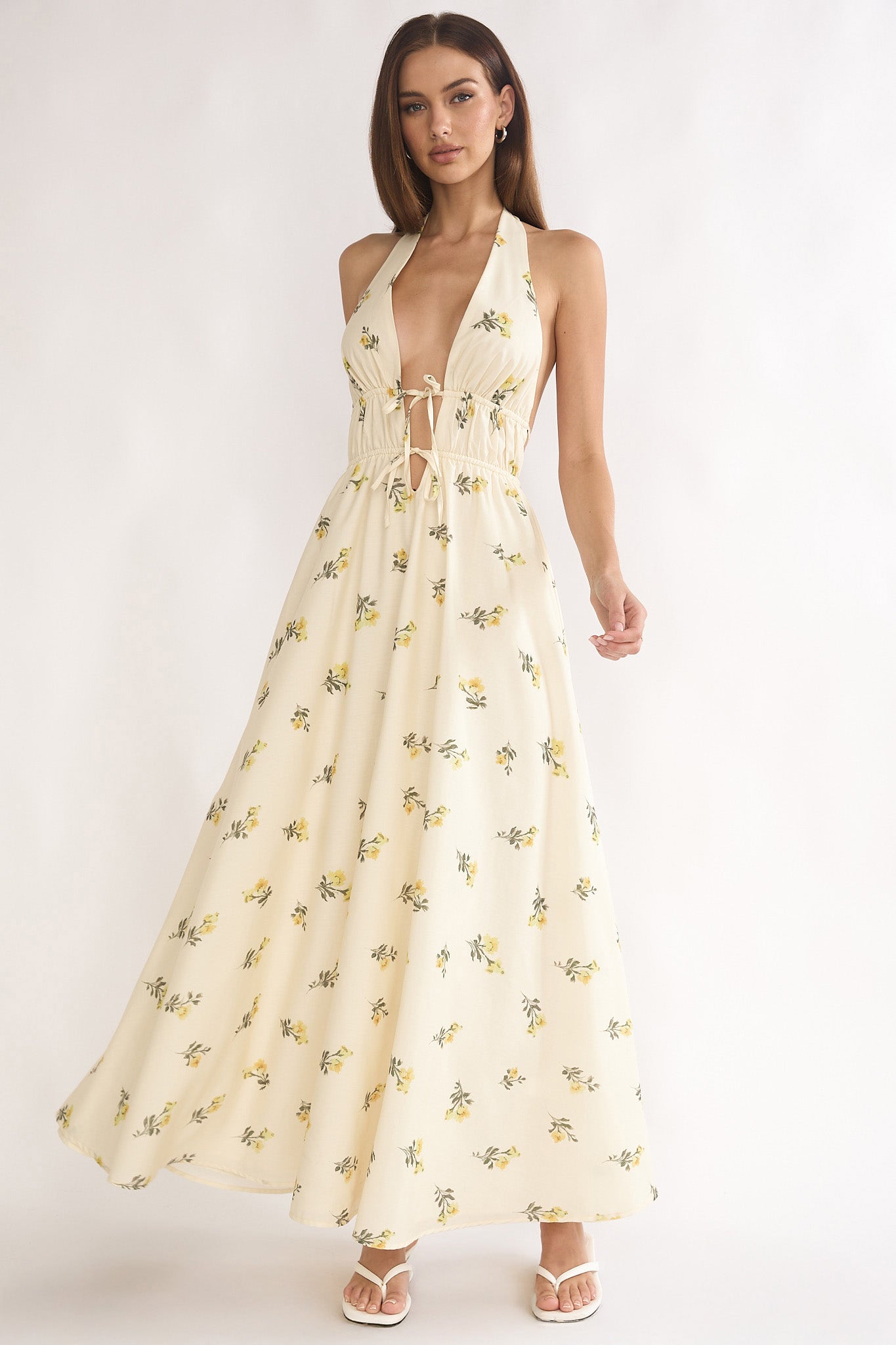 Under The Moons Tied Front Maxi Dress Floral Yellow-Maymioy
