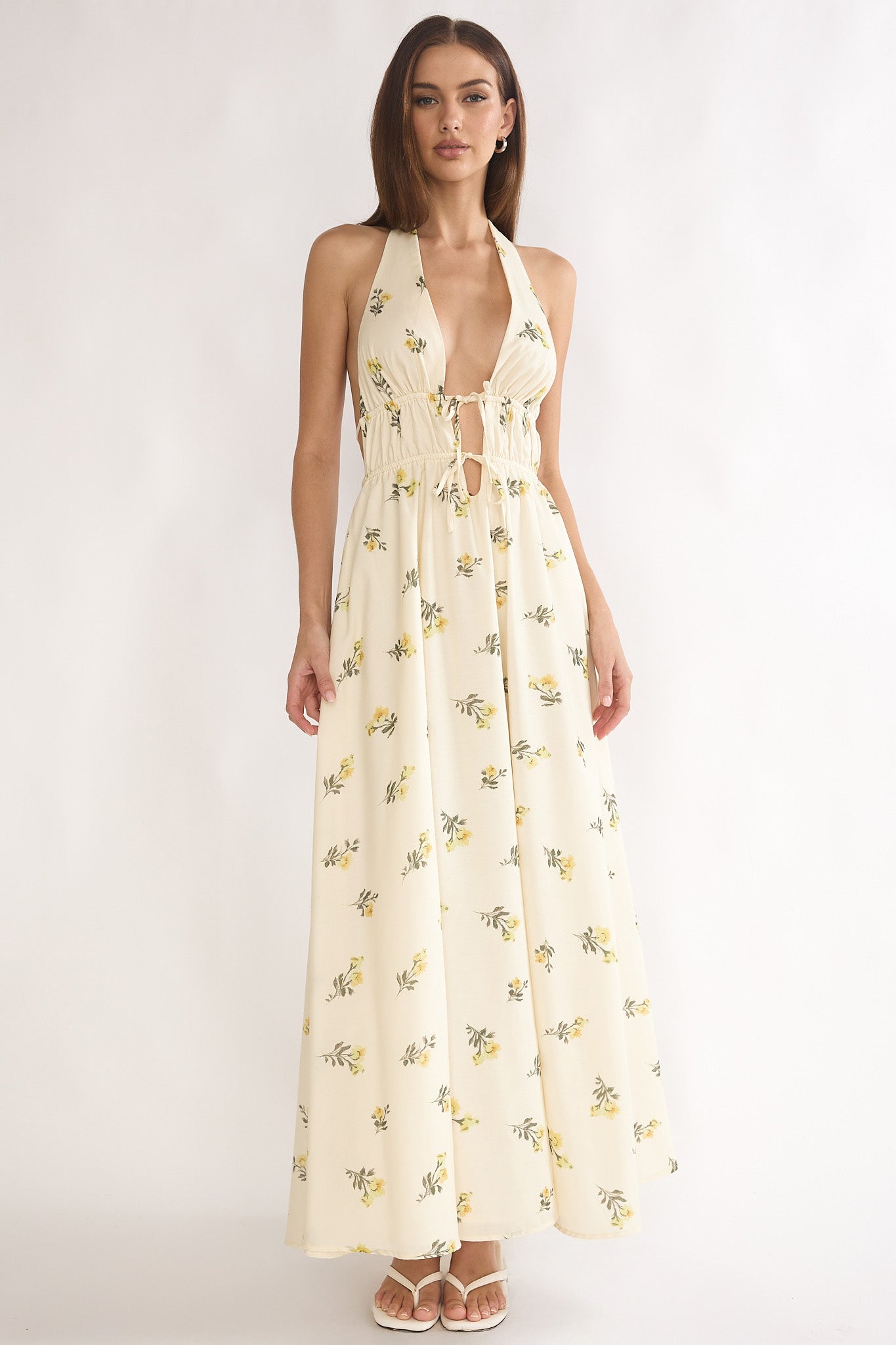 Under The Moons Tied Front Maxi Dress Floral Yellow-Maymioy