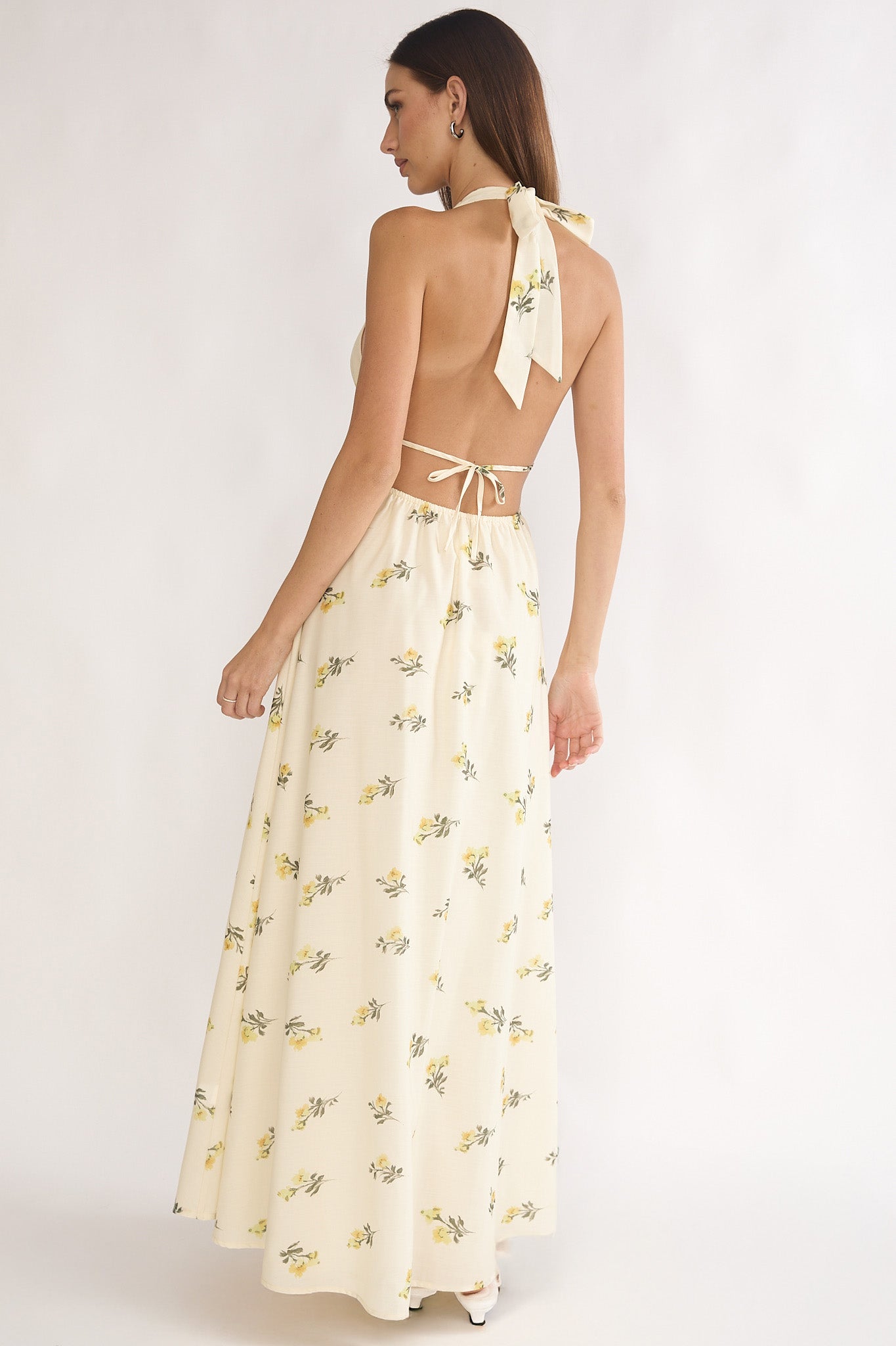 Under The Moons Tied Front Maxi Dress Floral Yellow-Maymioy