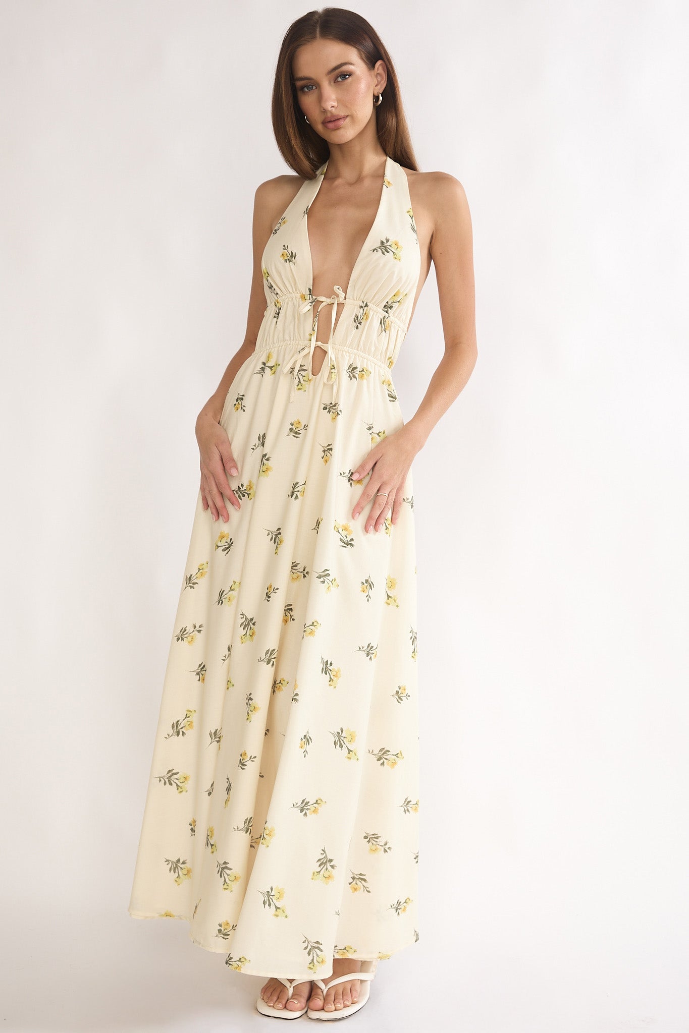 Under The Moons Tied Front Maxi Dress Floral Yellow-Maymioy