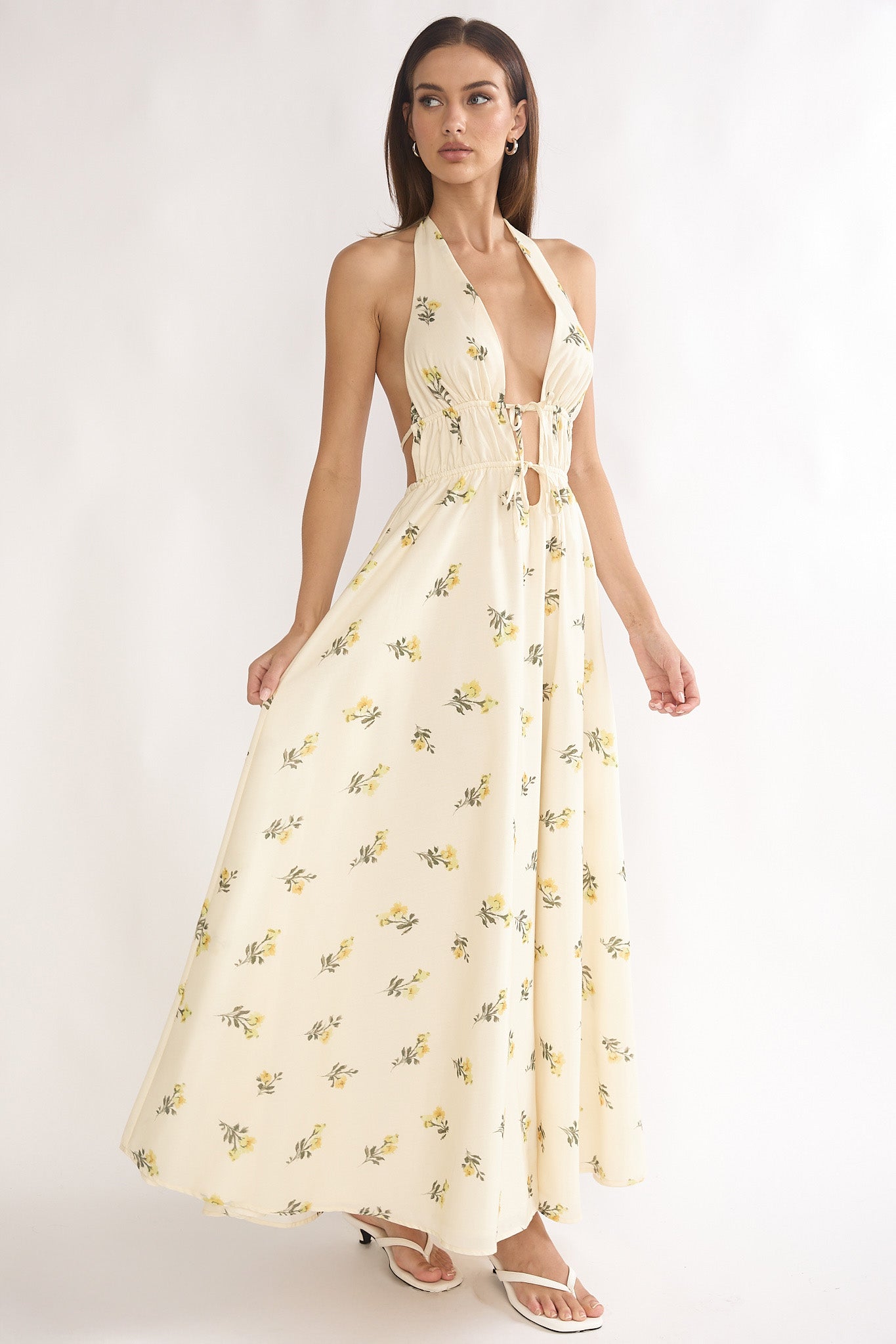 Under The Moons Tied Front Maxi Dress Floral Yellow-Maymioy