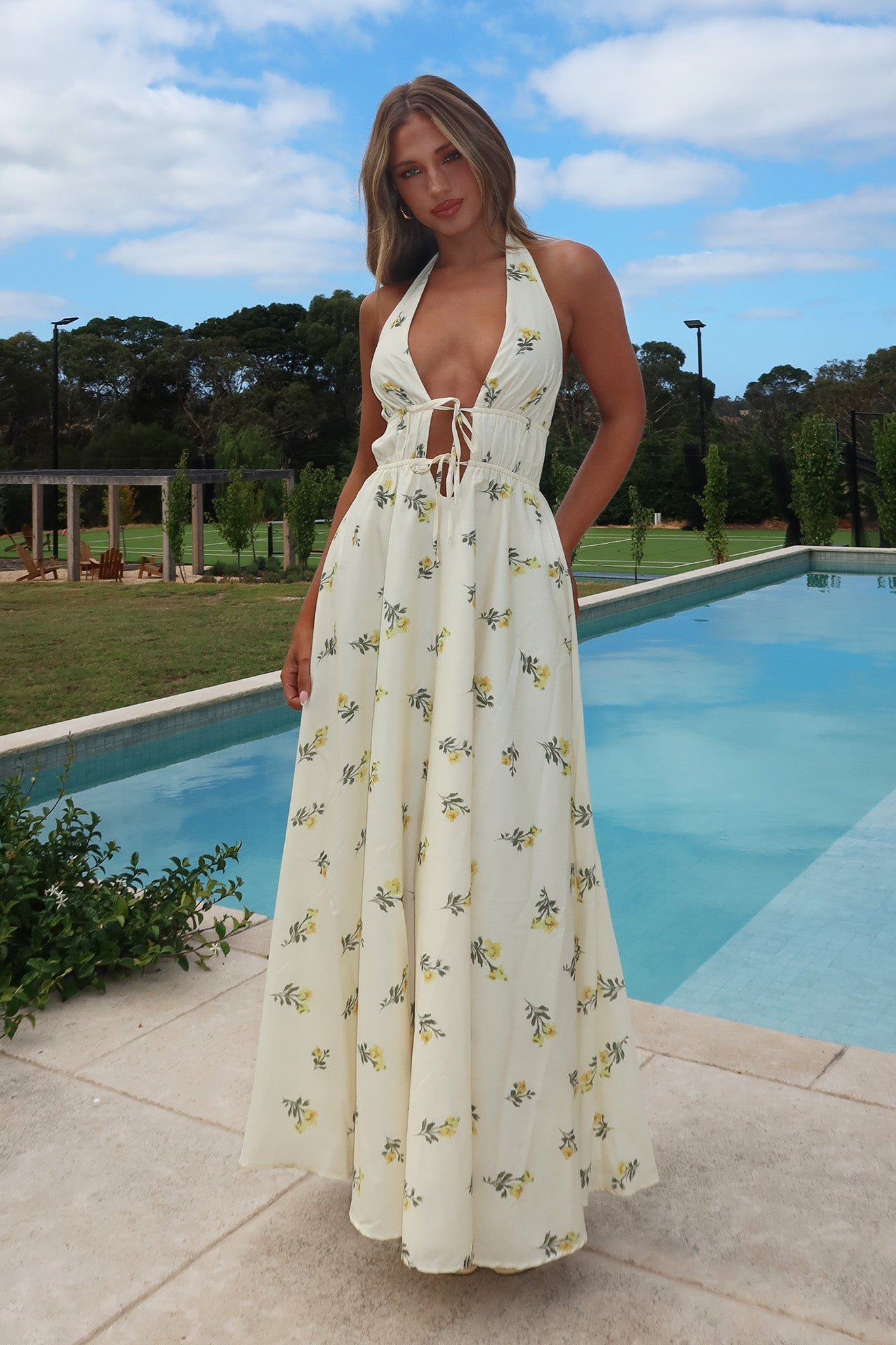 Under The Moons Tied Front Maxi Dress Floral Yellow-Maymioy