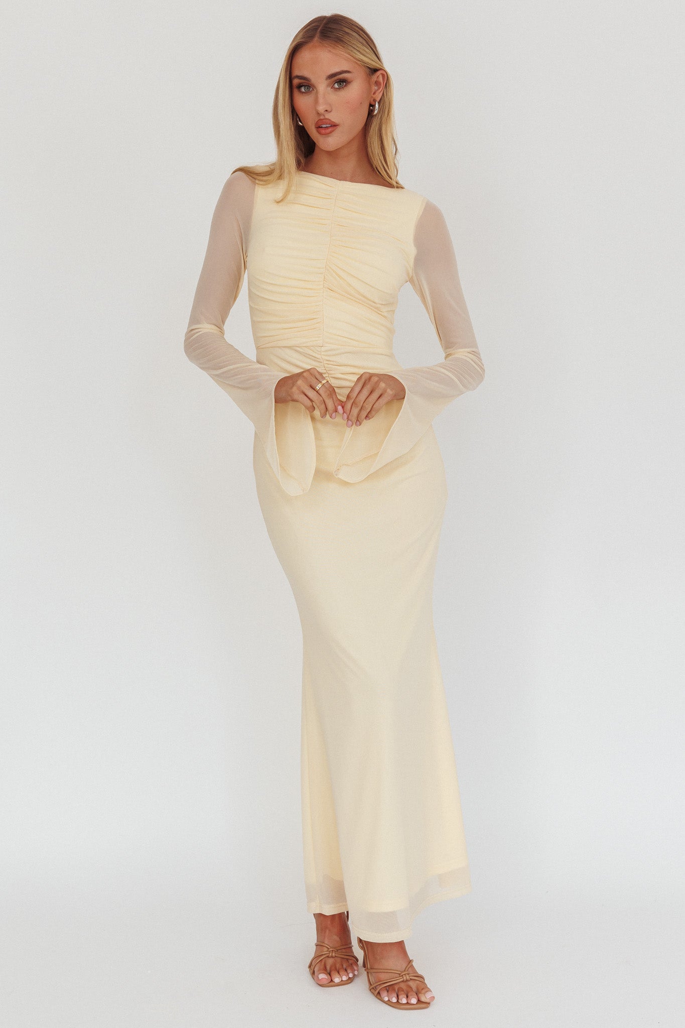 Luna Love Long Sleeve Mesh Maxi Dress Cream-Maymioy