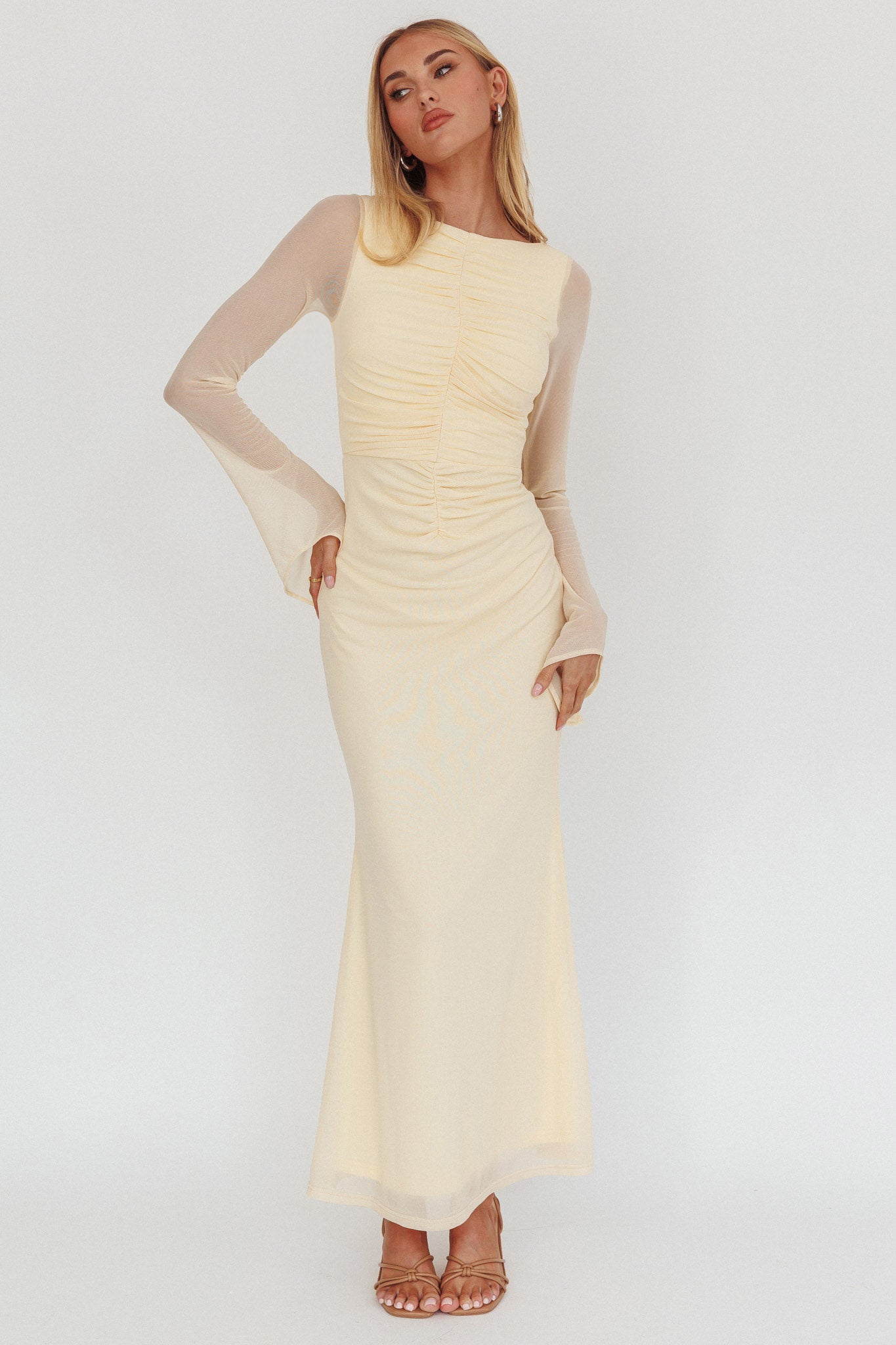 Luna Love Long Sleeve Mesh Maxi Dress Cream-Maymioy