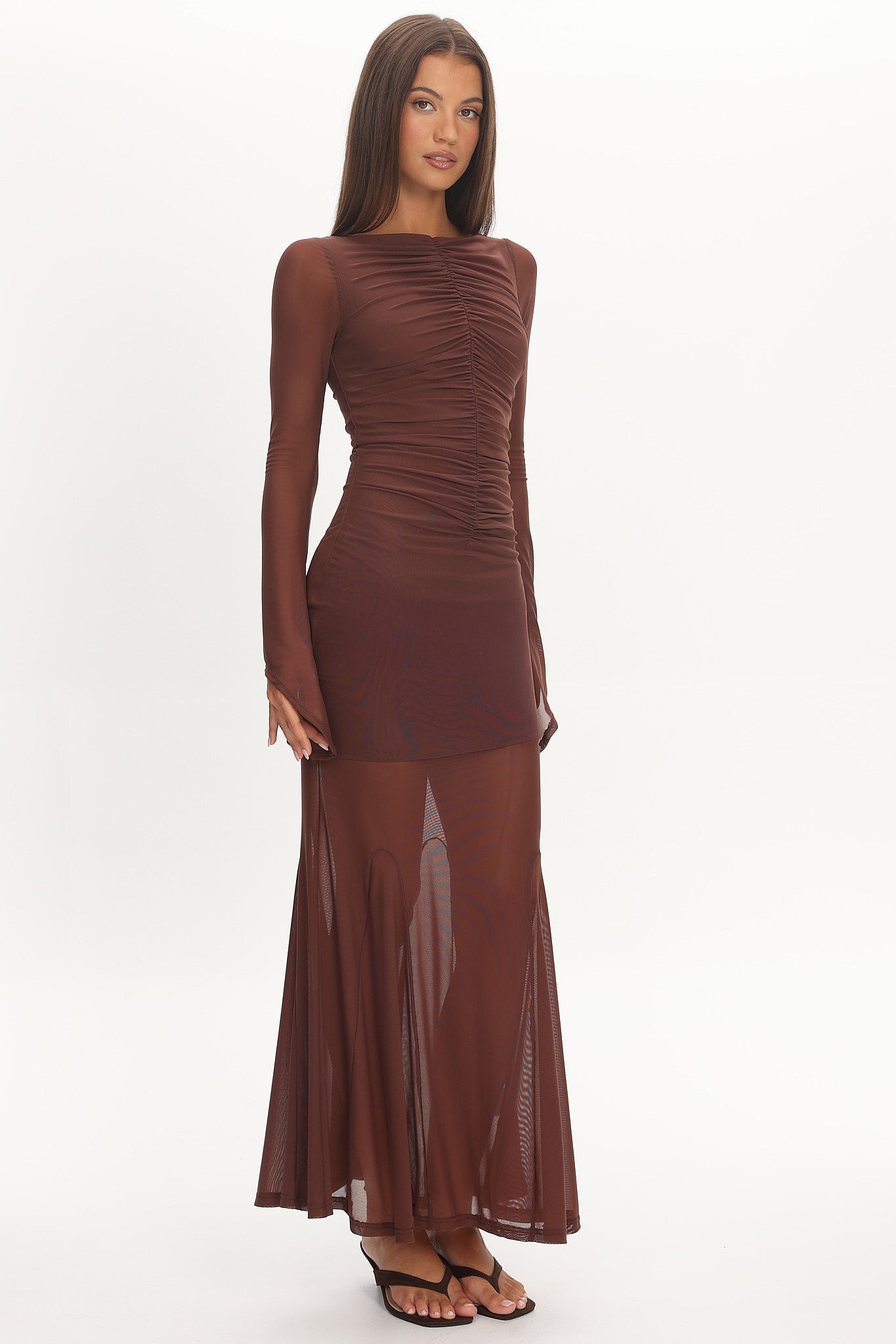 Luna Love Long Sleeve Mesh Maxi Dress Chocolate-Maymioy