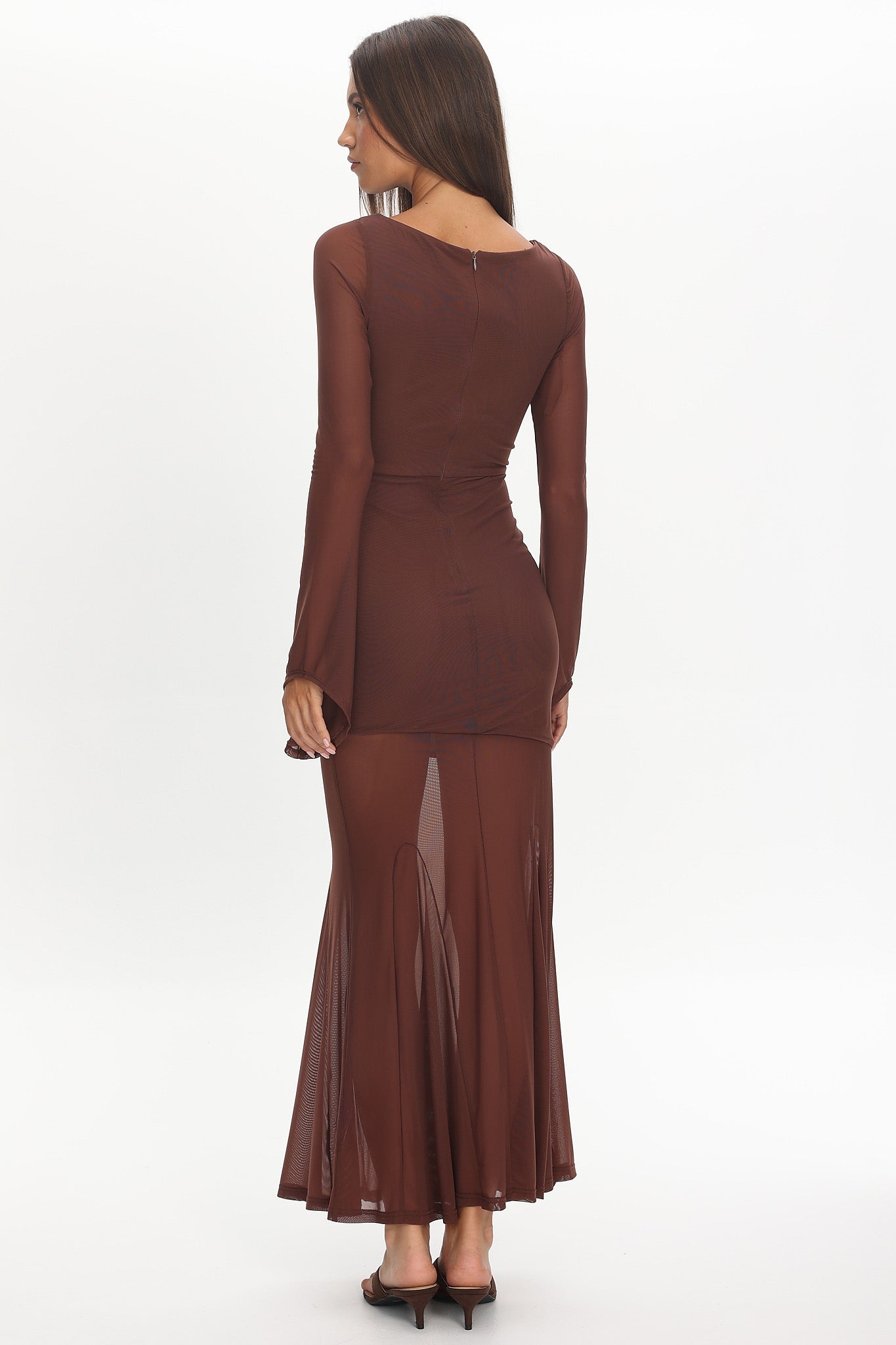 Luna Love Long Sleeve Mesh Maxi Dress Chocolate-Maymioy