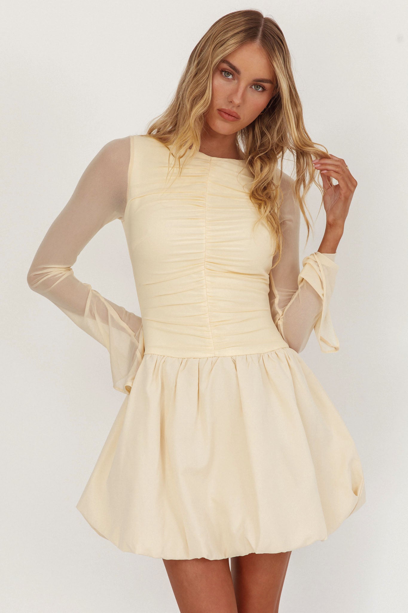 Elowin Long Sleeve Bubble Hem Mini Dress Cream-Maymioy