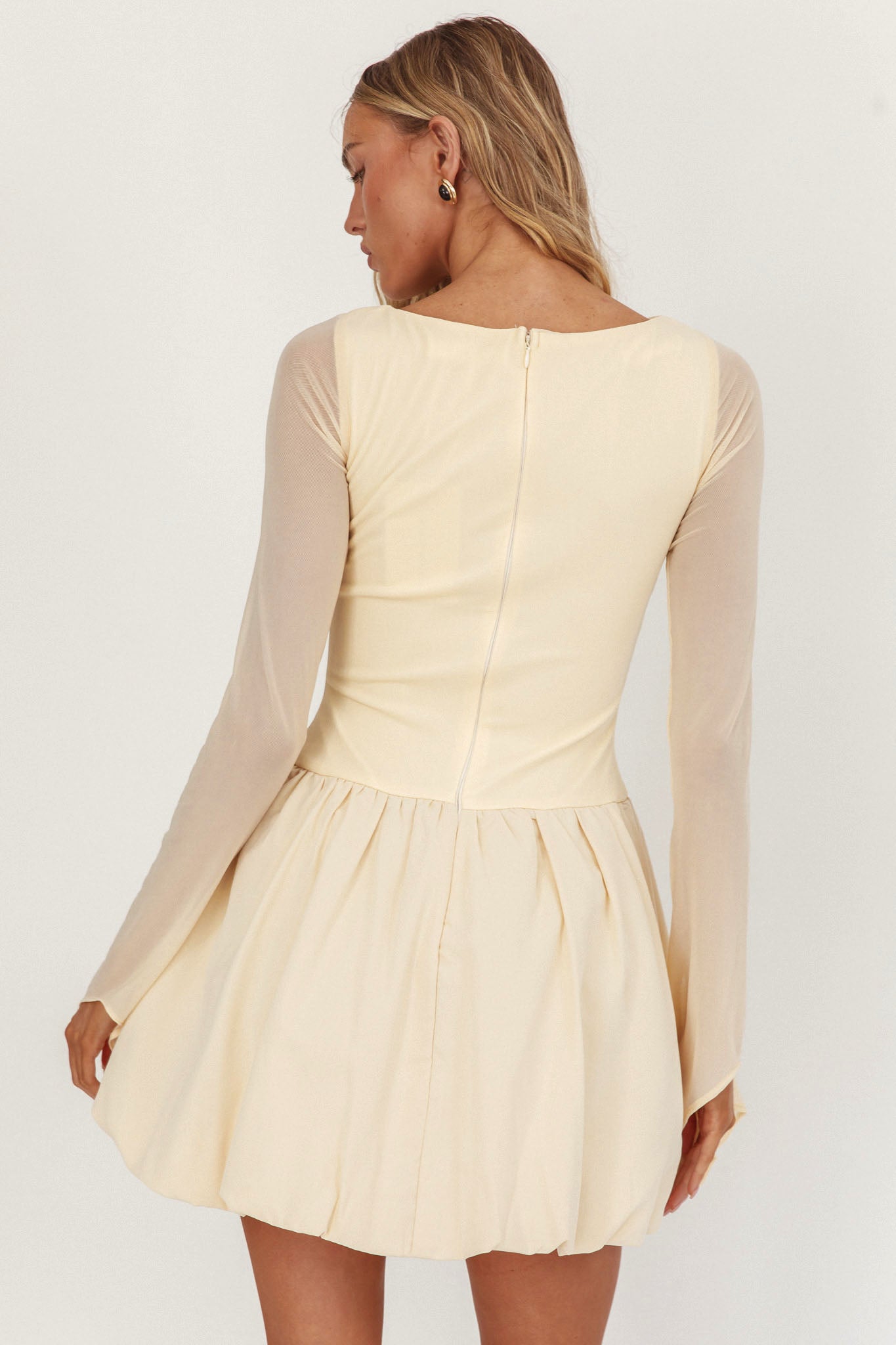 Elowin Long Sleeve Bubble Hem Mini Dress Cream-Maymioy